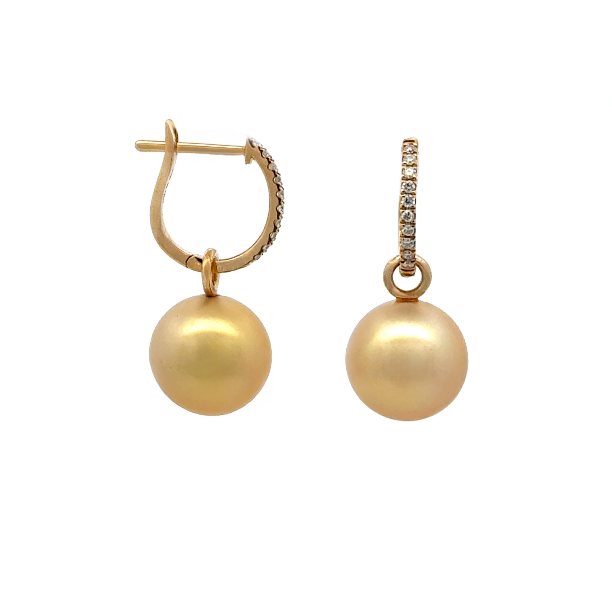 18K Yellow Gold South Sea 9-10 mm Cultured Pearl and Diamond Huggie Earrings side view