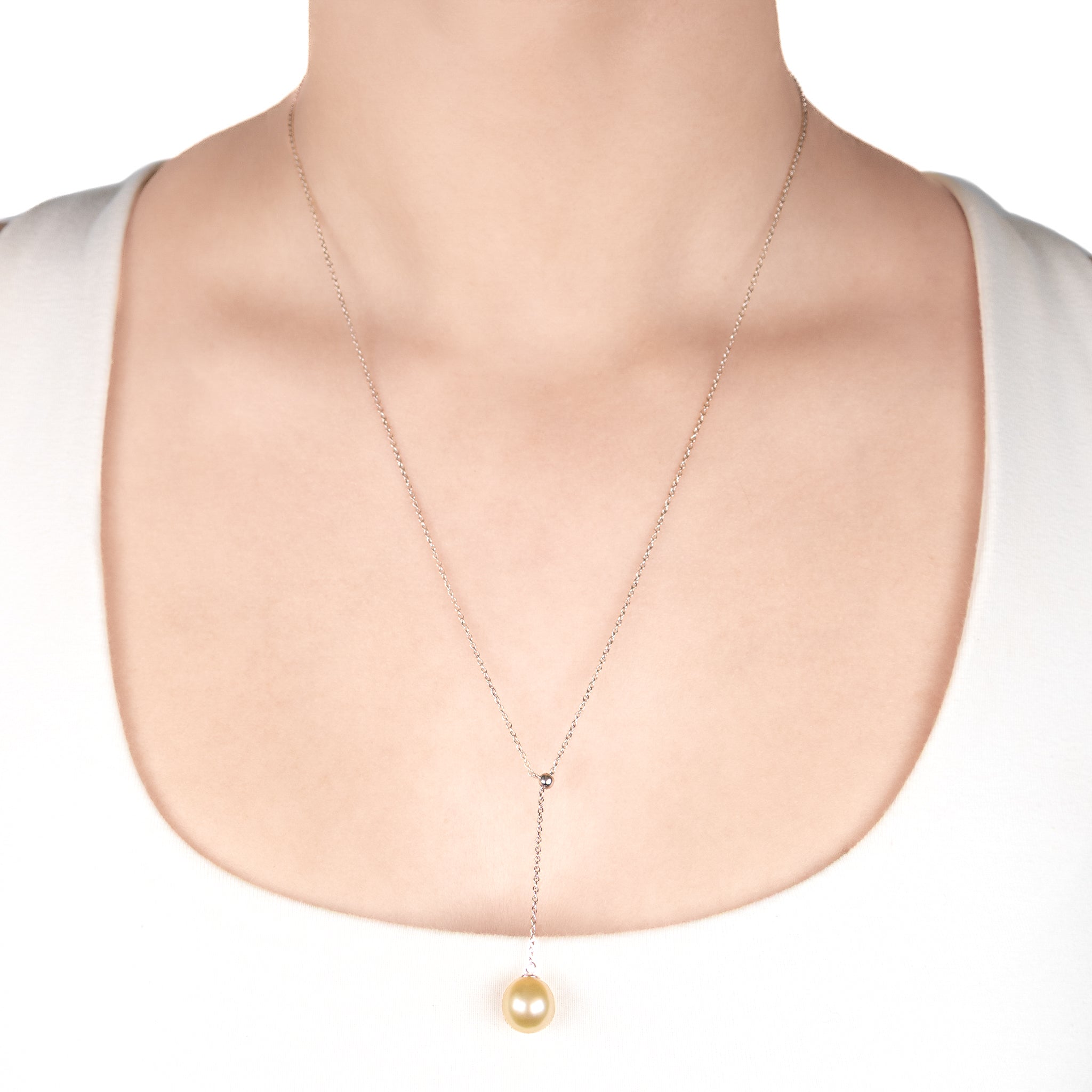 Sterling Silver South Sea 9-10 mm Cultured Pearl Adjustable Slider Necklace on a model