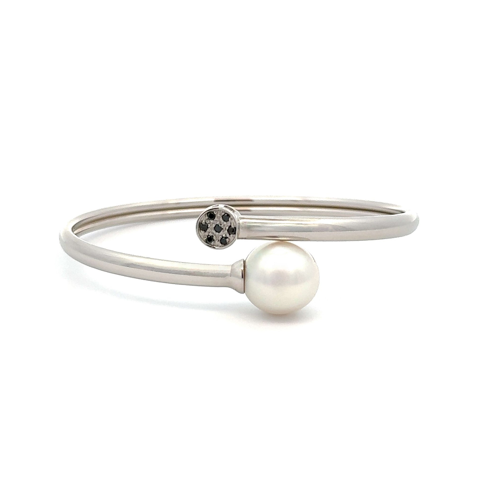 Sterling Silver Australian South Sea Cultured 12-13 mm Pearl and Diamond Bangle