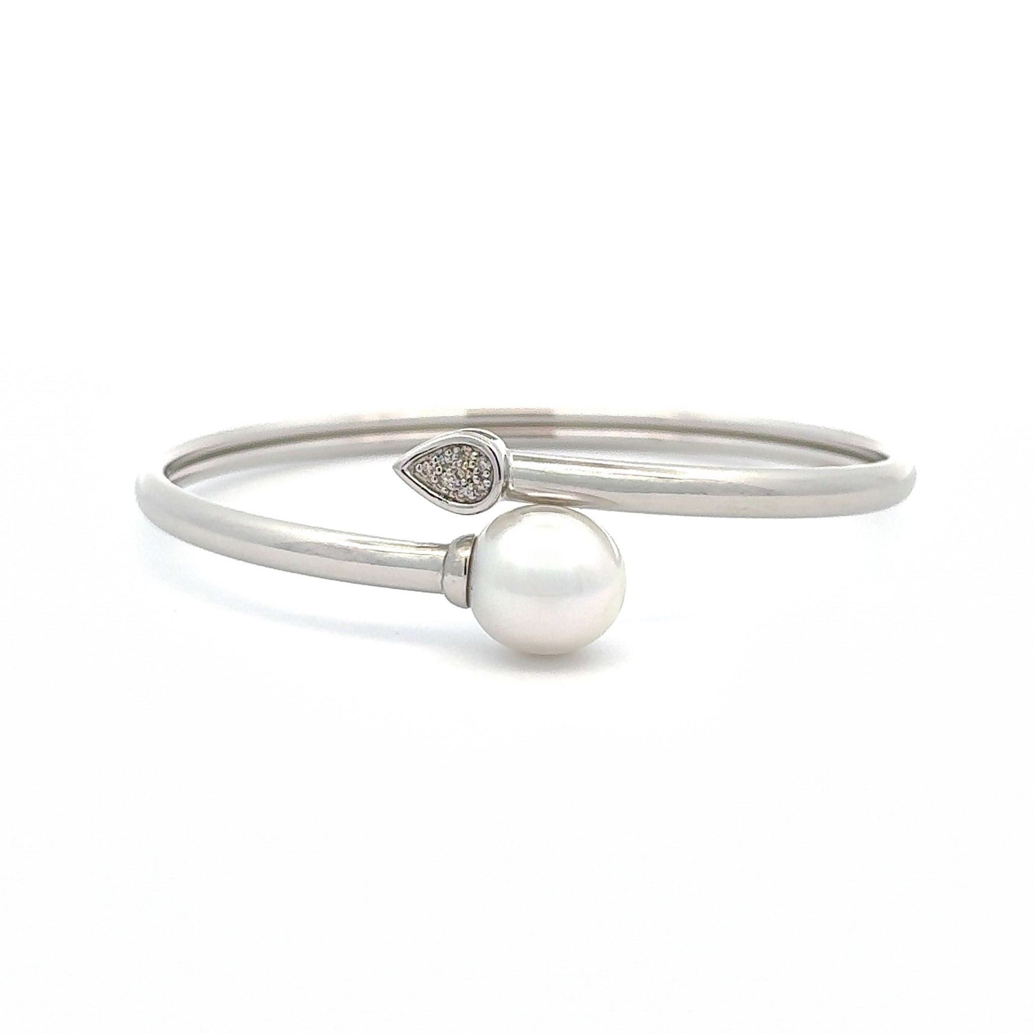 Sterling Silver Australian South Sea Cultured 11-12mm Pearl and Argyle Diamond Bangle