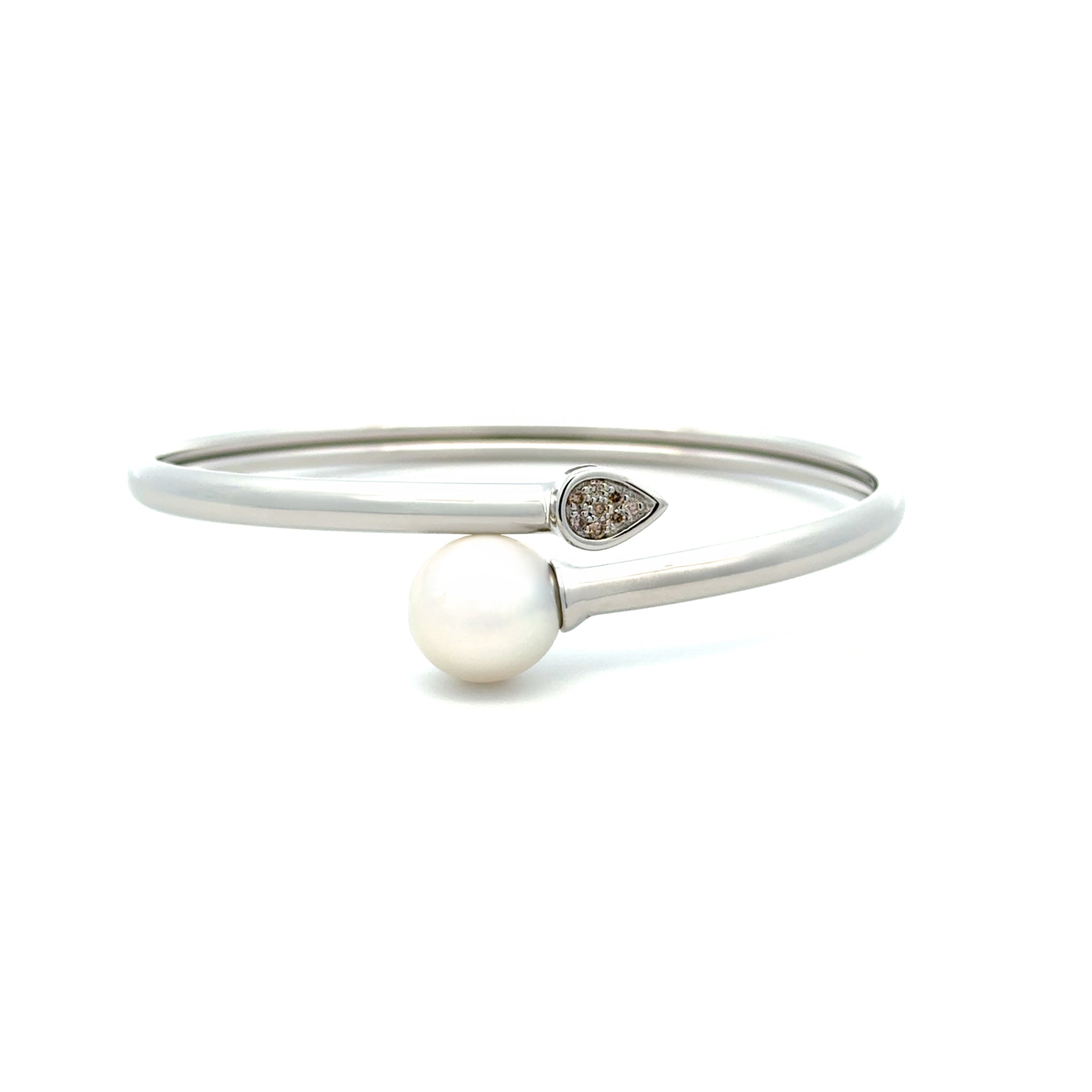 Sterling Silver Australian South Sea 11-12 mm Cultured Pearl and Argyle Diamond Bangle front view