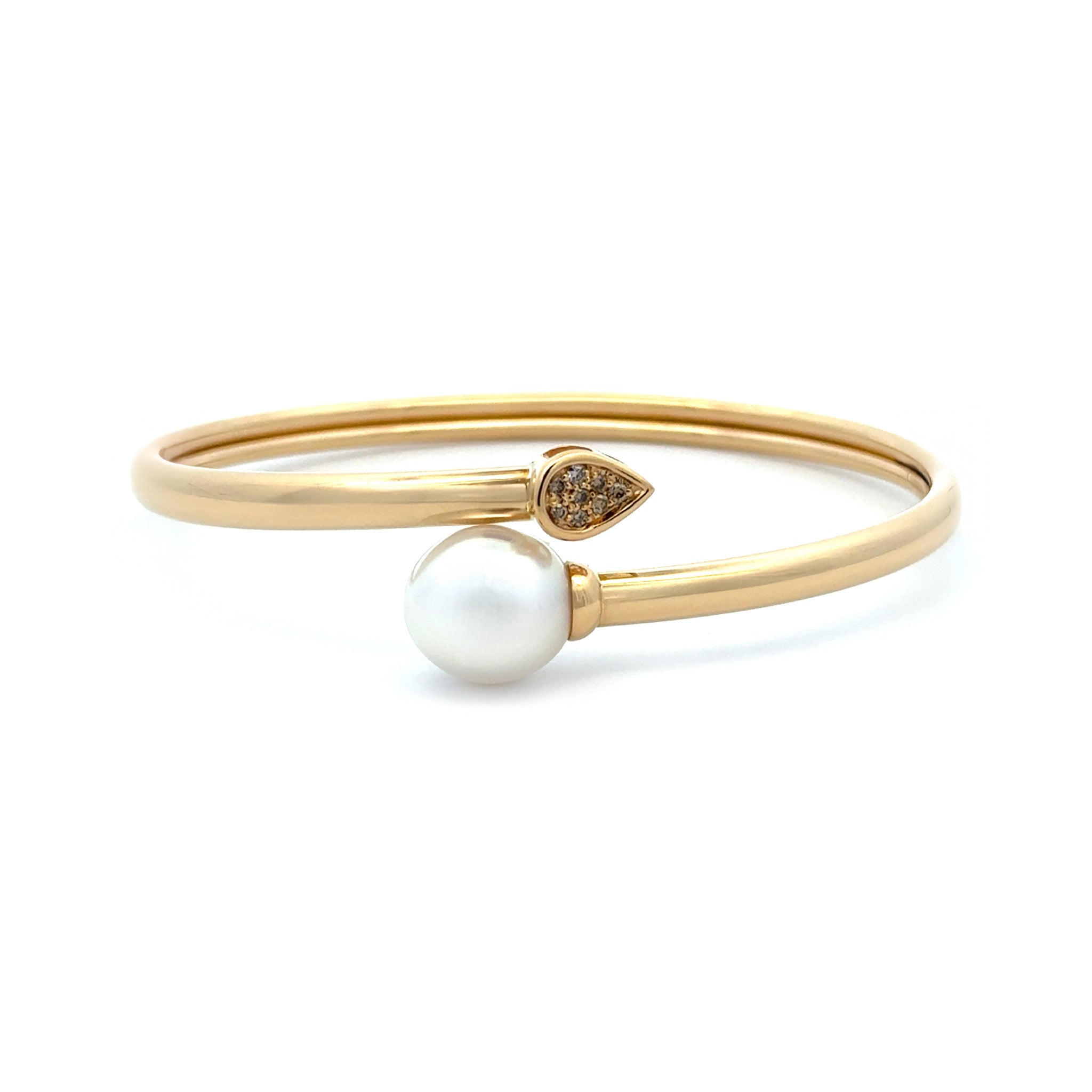 18K Yellow Gold Australian South Sea 11-12mm Cultured Pearl and Argyle Diamond Bangle front view on white background