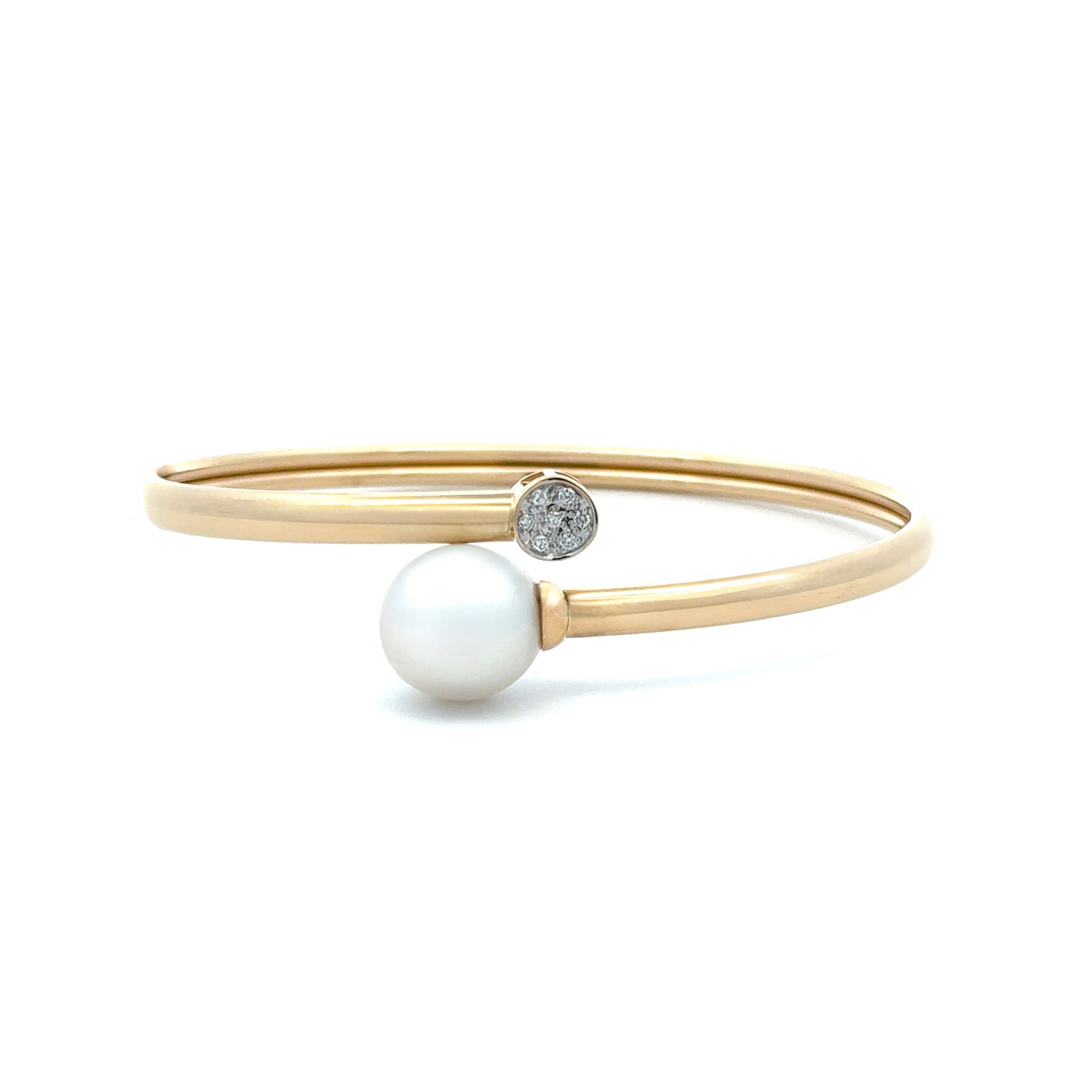 18K Yellow Gold Australian South Sea 12-13 mm Cultured Pearl and Diamond Bangle front view