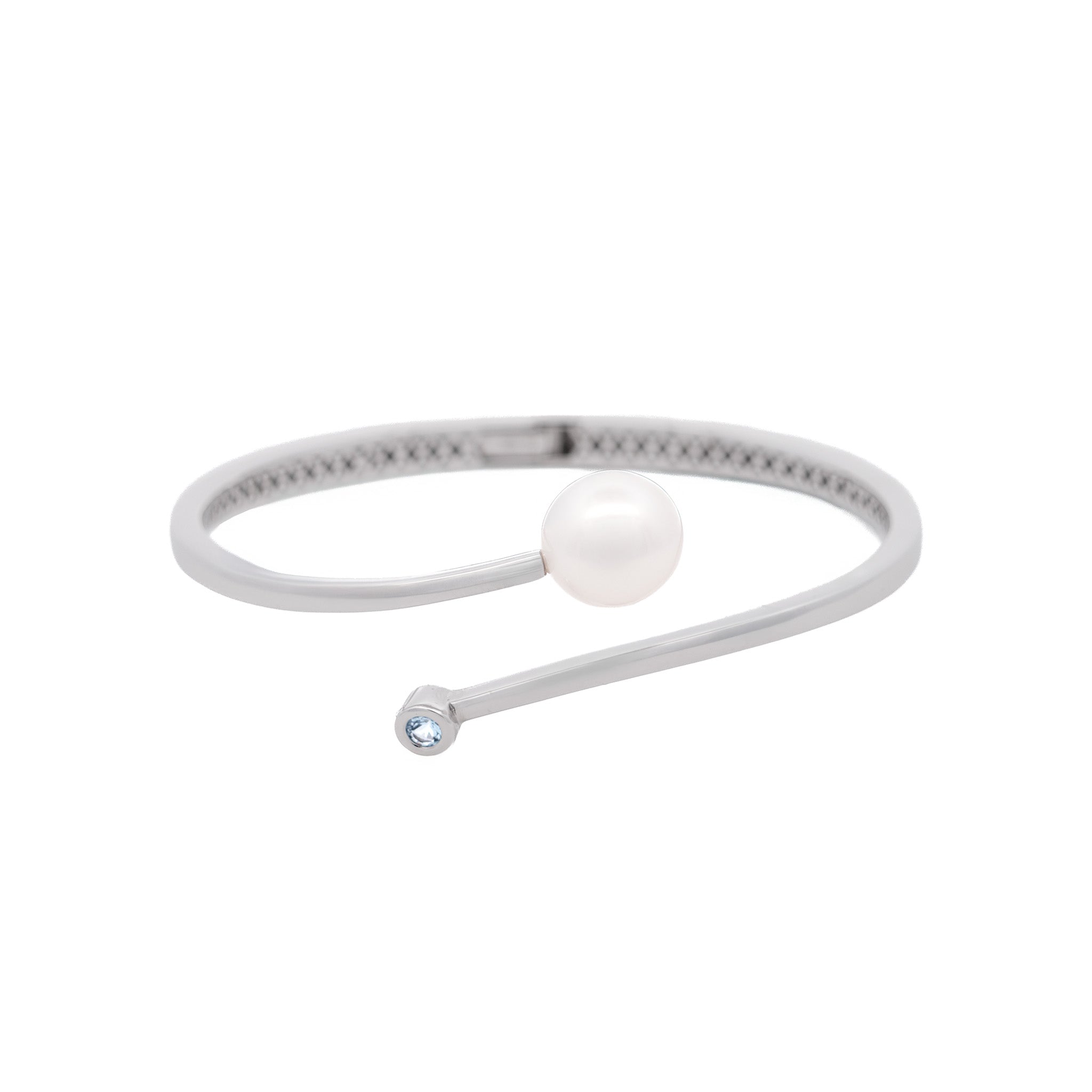 Sterling Silver Australian South Sea 10-11 mm Cultured Pearl and Aquamarine Bangle front view