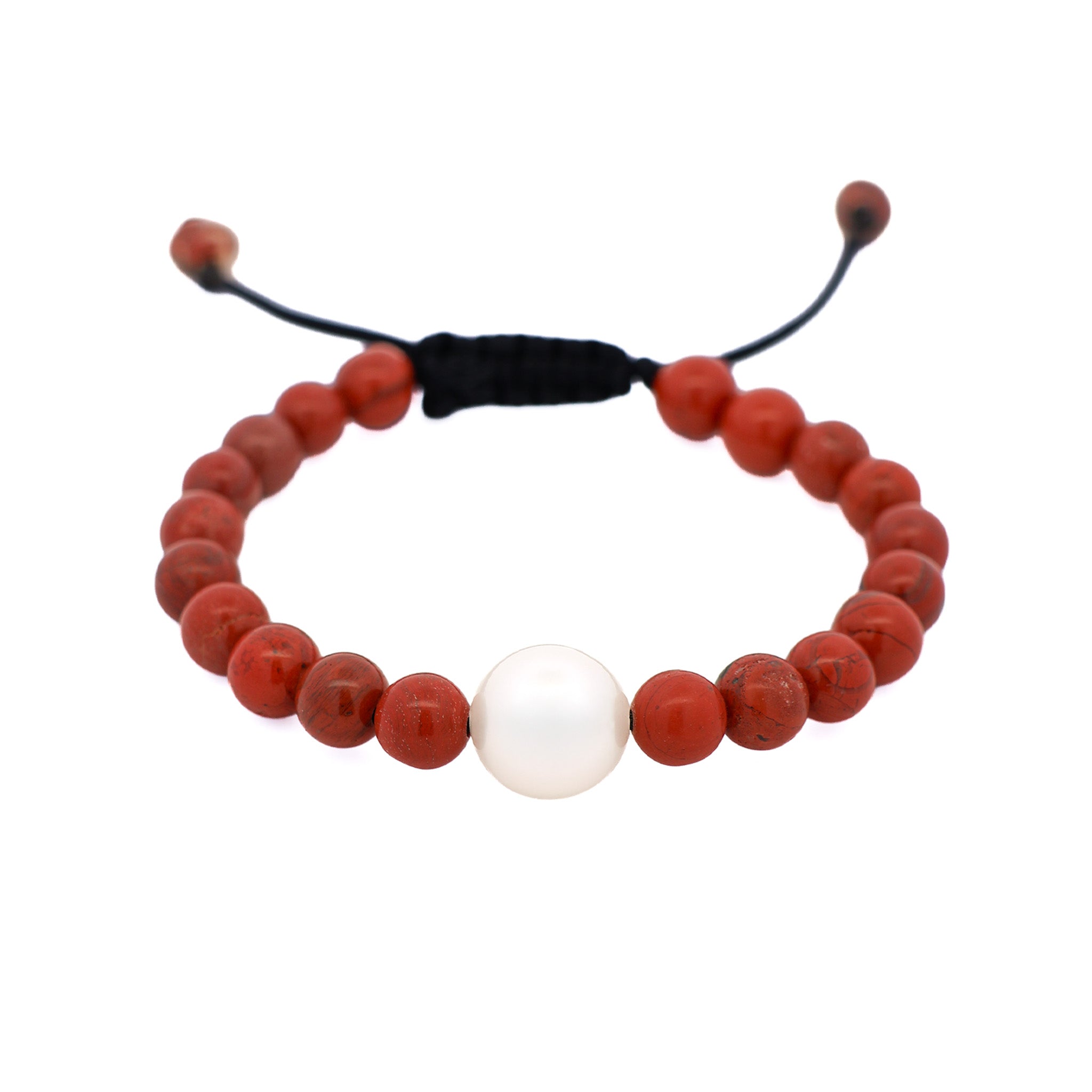 Australian South Sea 10-11 mm Cultured Pearl and 6 mm Red Jasper Bead Bracelet front view