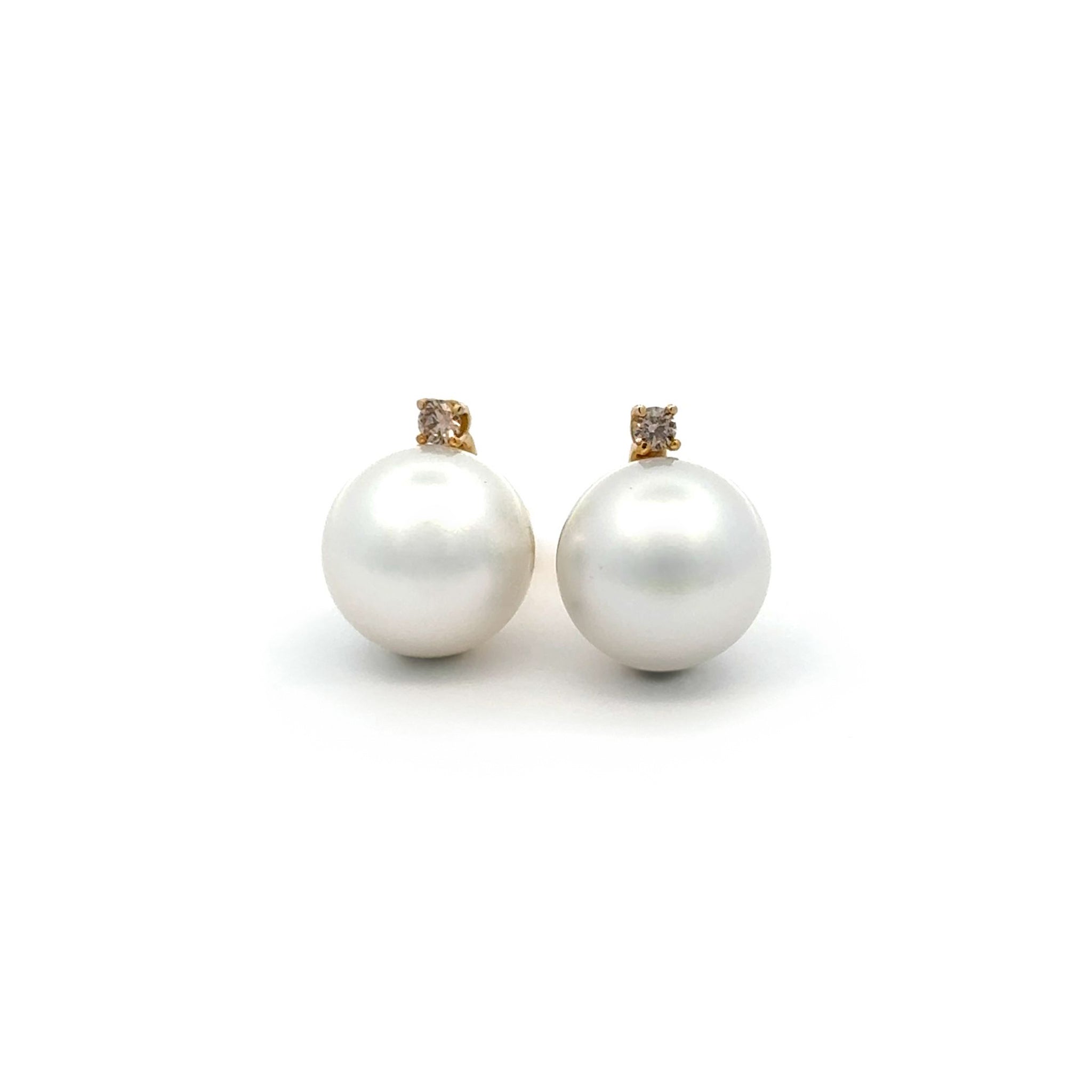 9K Yellow Gold Australian South Sea Cultured 10-11mm Pearl and Argyle Diamond Stud Earrings