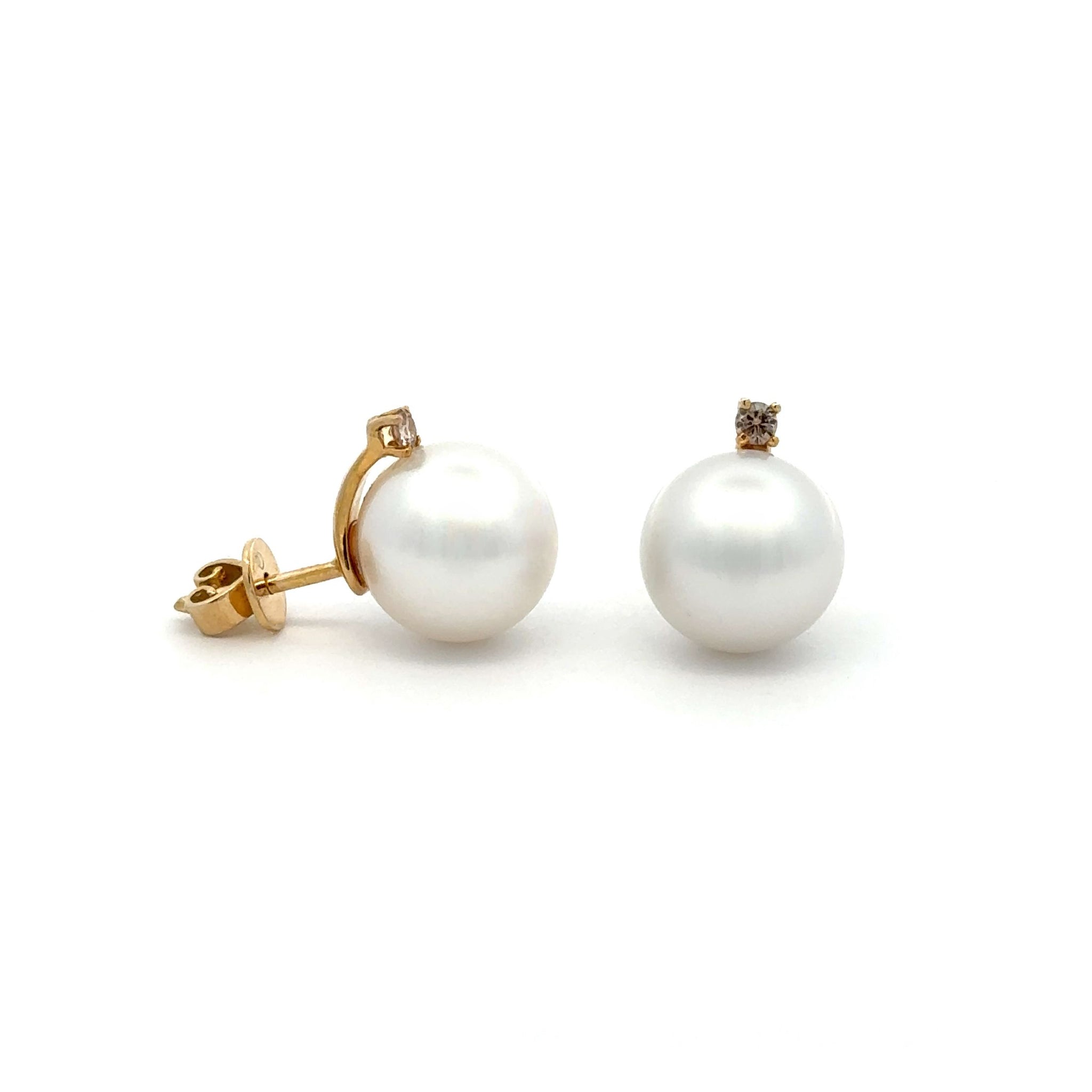 9K Yellow Gold Australian South Sea Cultured 10-11mm Pearl and Argyle Diamond Stud Earrings