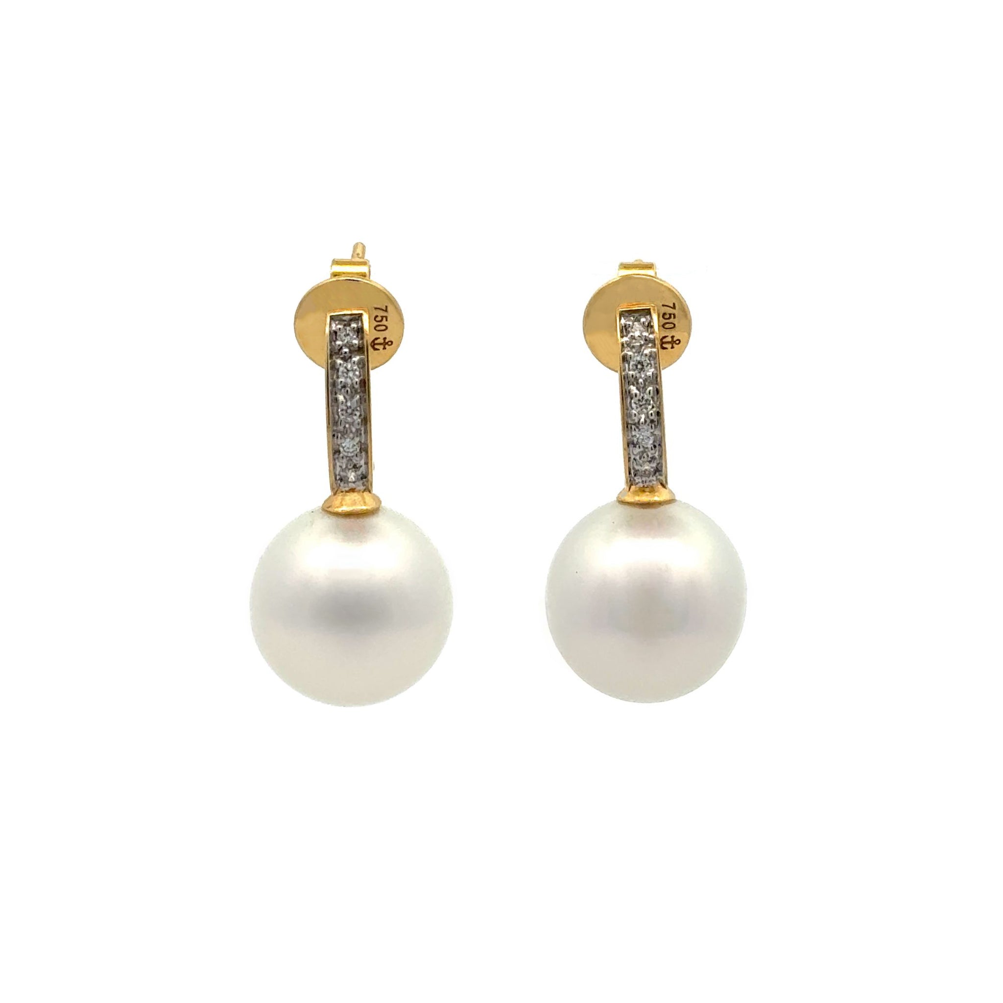 18K Yellow Gold Australian South Sea Cultured 11-12mm Pearl and Diamond Drop Earrings
