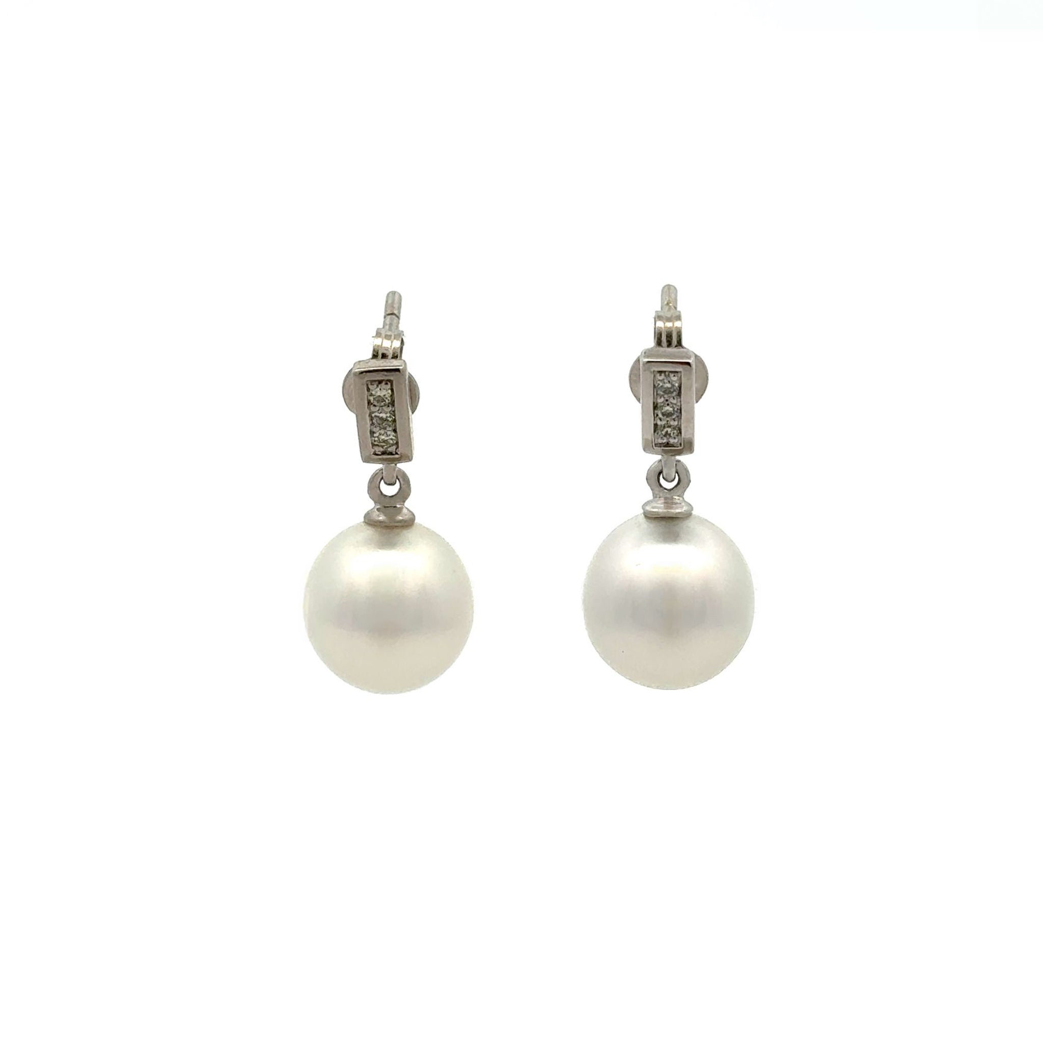 9K White Gold Australian South Sea Cultured 10-11mm Diamond Pearl Drop Earrings