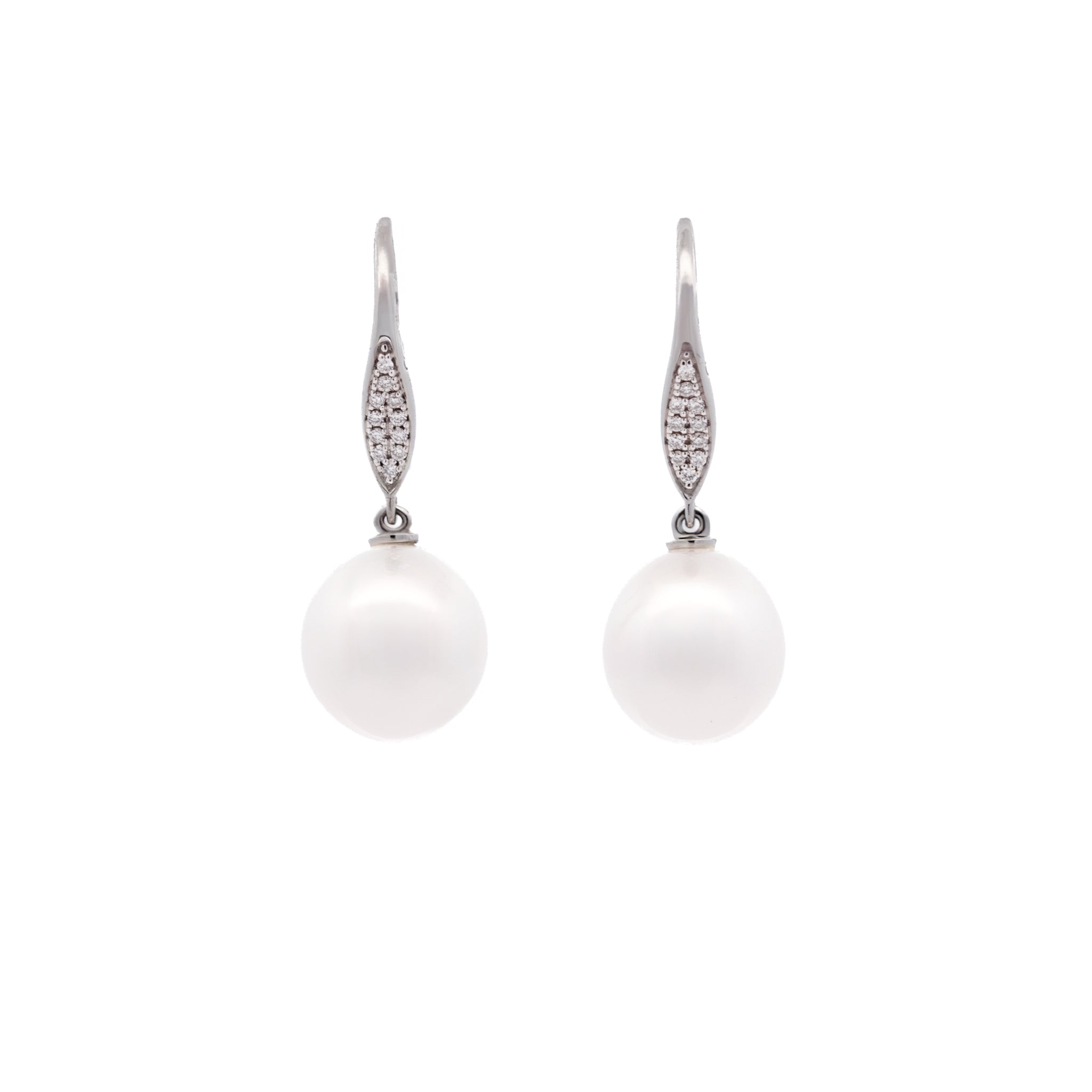 18K White Gold Australian South Sea 10-11 mm Cultured Pearl and Diamond Hook Earrings front view