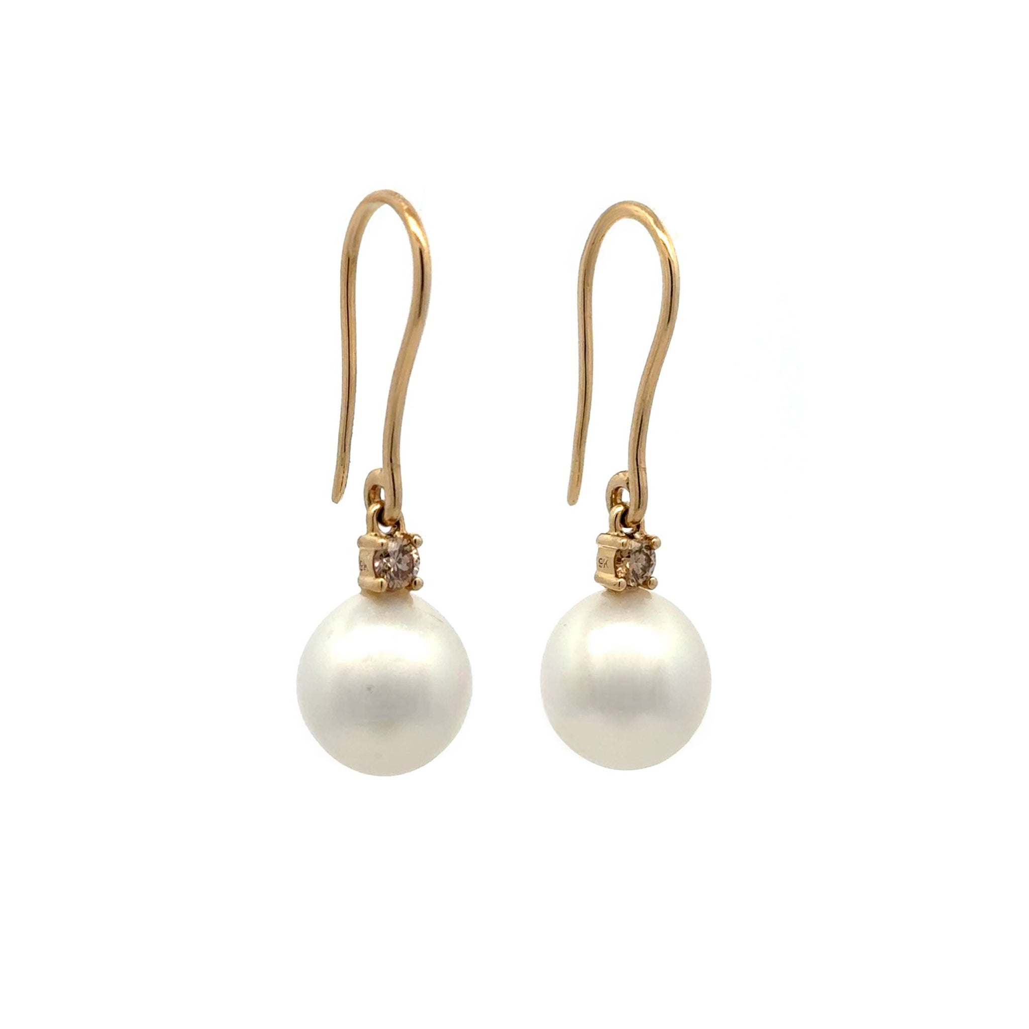 9K Yellow Gold Australian South Sea Cultured 10-11mm Pearl and Argyle Diamond Hook Earrings