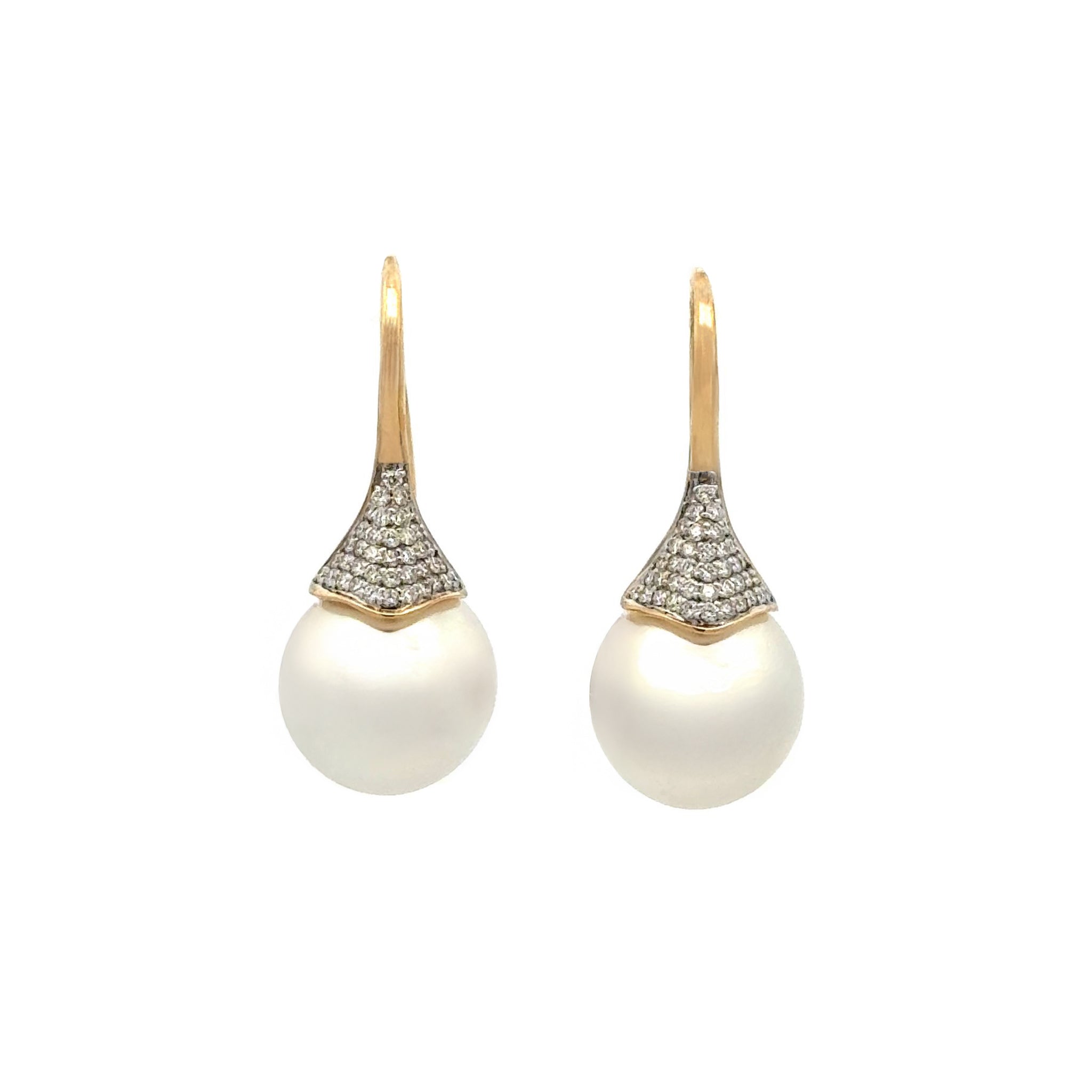 18K Yellow Gold Australian South Sea 12-13mm Cultured Pearl and Diamond Hook Earrings front view