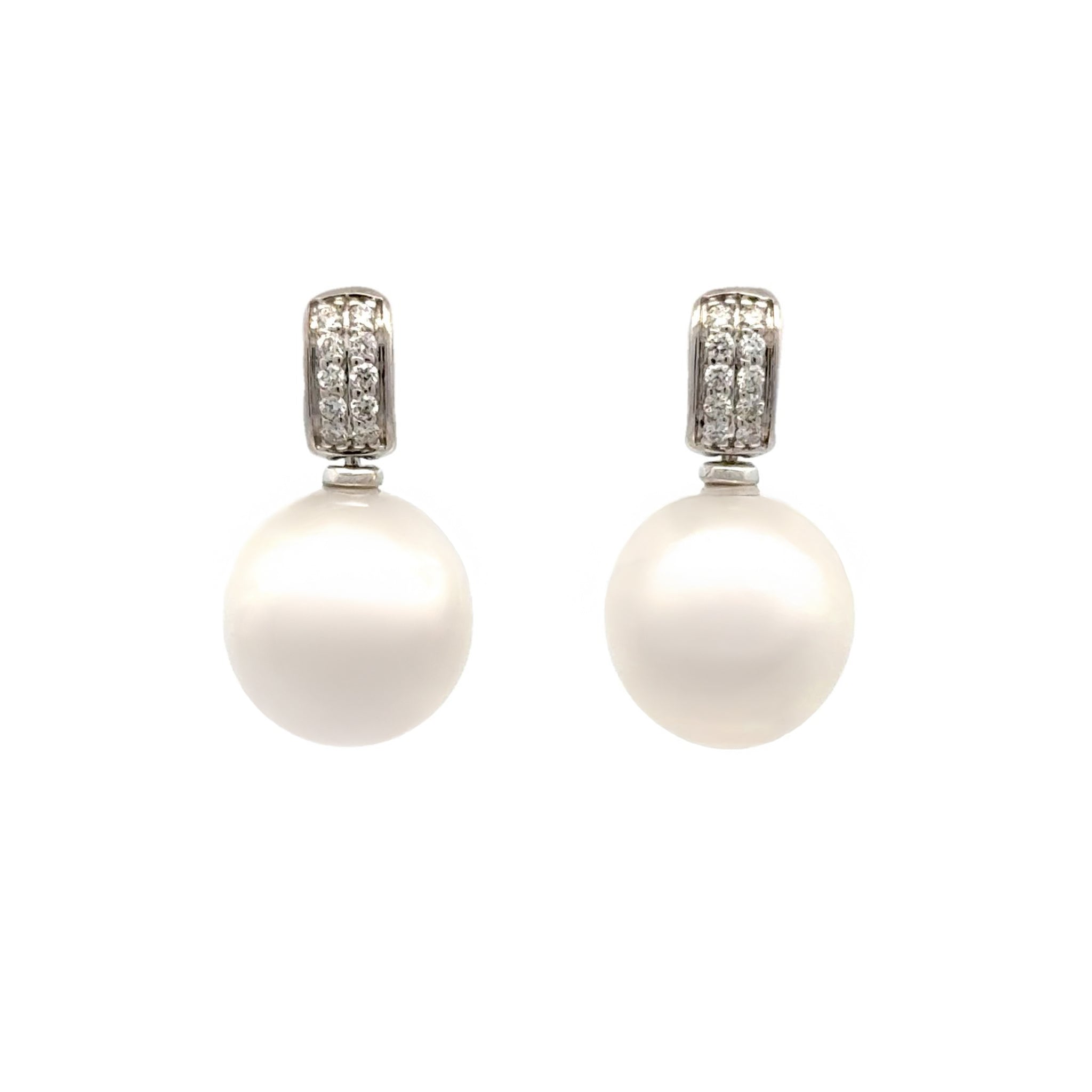 18K White Gold Australian South Sea 11-12mm Cultured Pearl and Diamond Drop Earrings front view