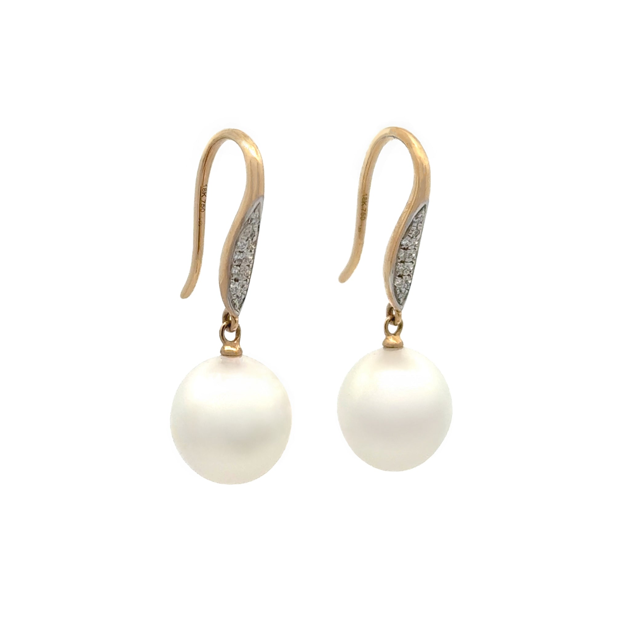 18K Yellow Gold Australian South Sea 10-11mm Cultured Pearl and Diamond Hook Earrings side view