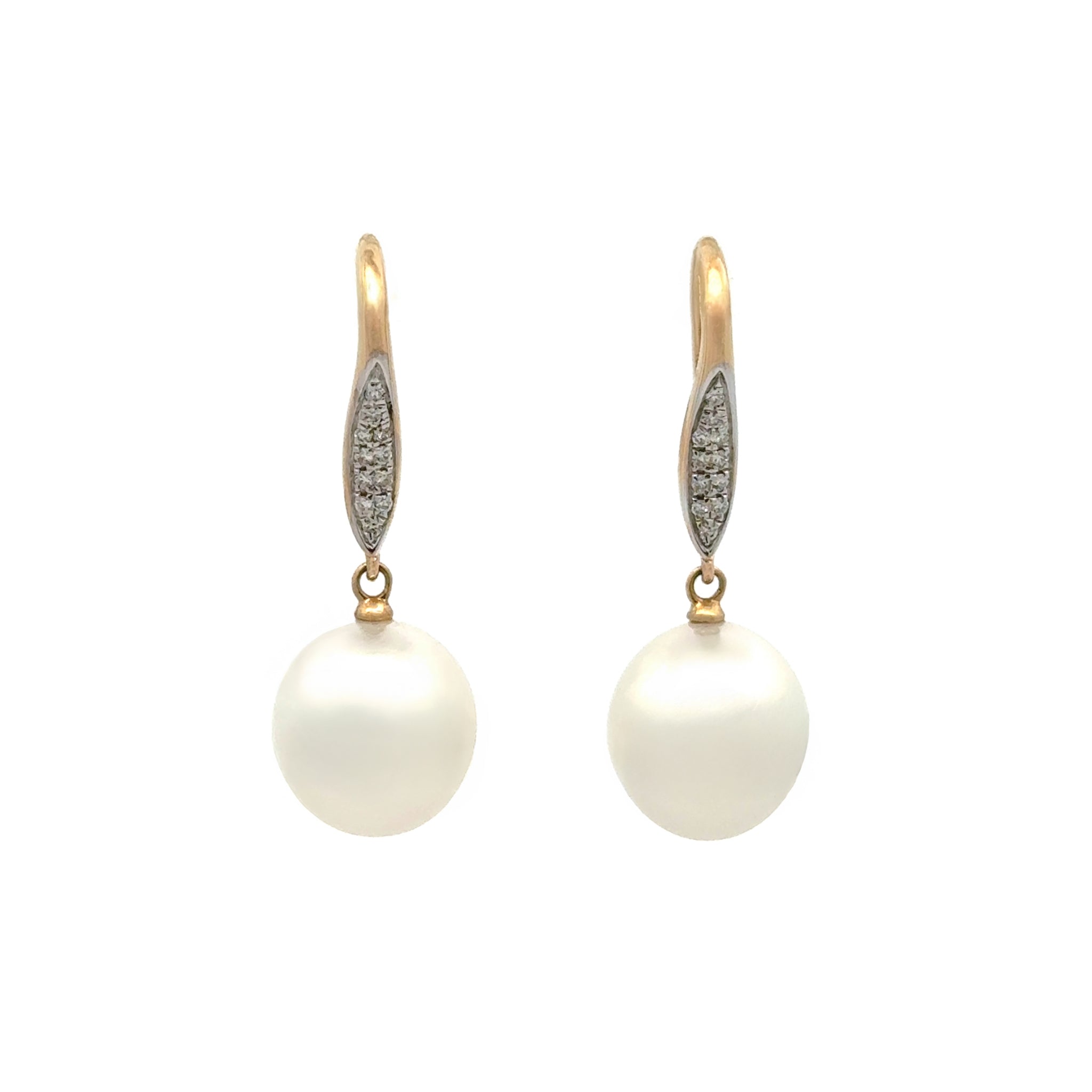 18K Yellow Gold Australian South Sea 10-11mm Cultured Pearl and Diamond Hook Earrings front view