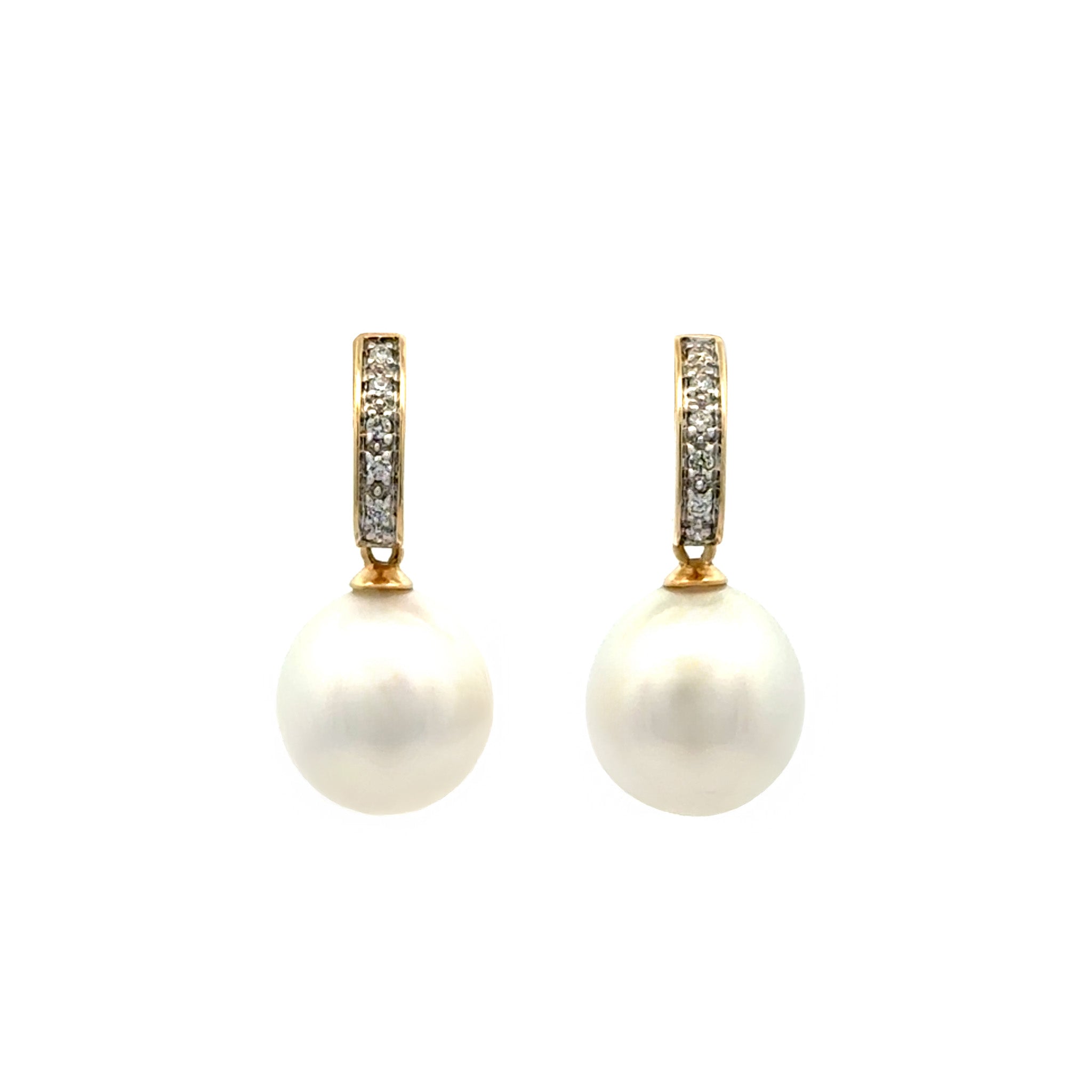 18K Yellow Gold Australian South Sea 10-11 mm Cultured Pearl and Diamond Drop Earrings front view on white background