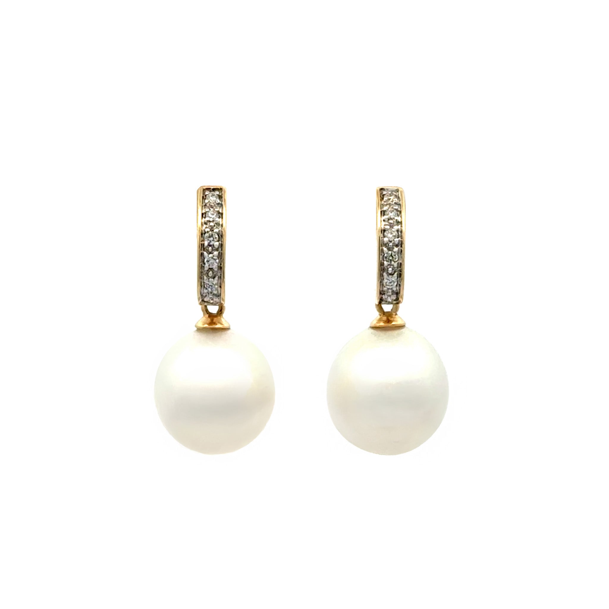 18K Yellow Gold Australian South Sea 10-11 mm Cultured Pearl and Diamond Drop Earrings front view