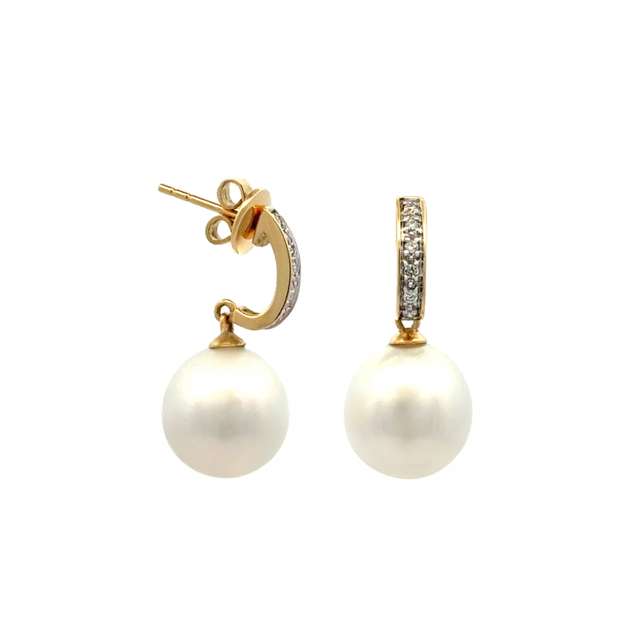 18K Yellow Gold Australian South Sea 10-11 mm Cultured Pearl and Diamond Drop Earrings side view on white background