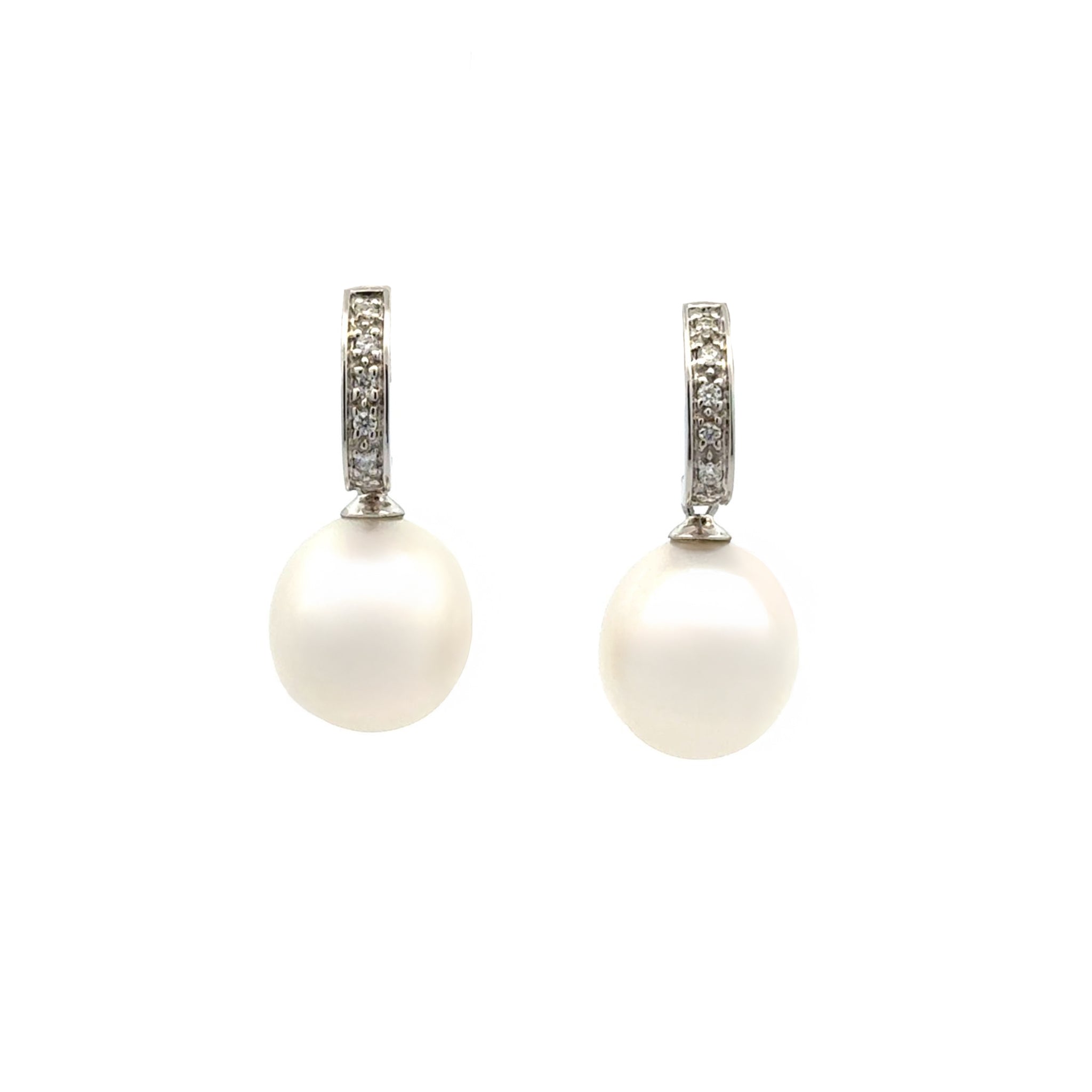 18K White Gold Australian South Sea 10-11mm Cultured Pearl and Diamond Drop Earrings front view