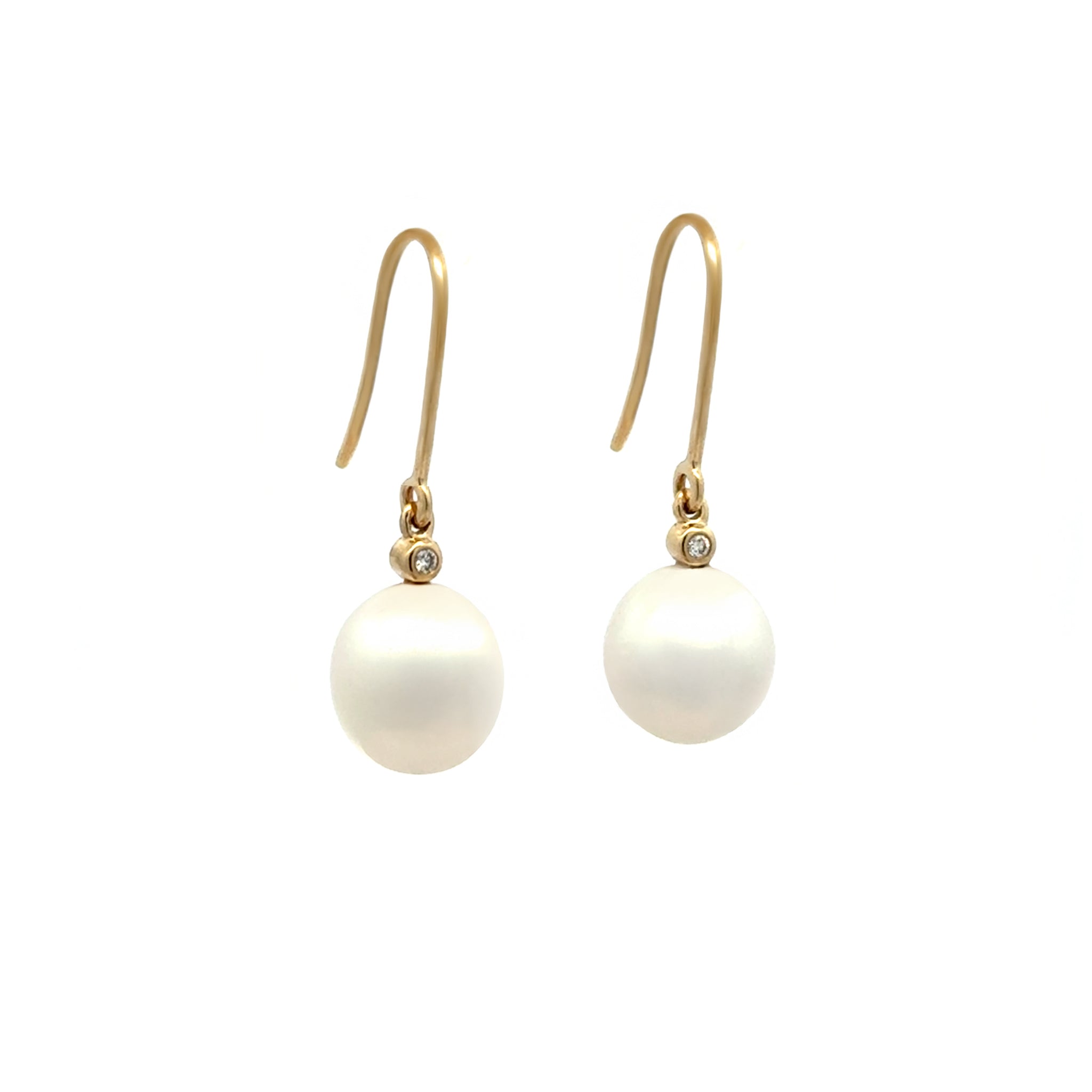 9K Yellow Gold Australian South Sea Cultured 9-10 mm Pearl and Diamond Hook Earrings