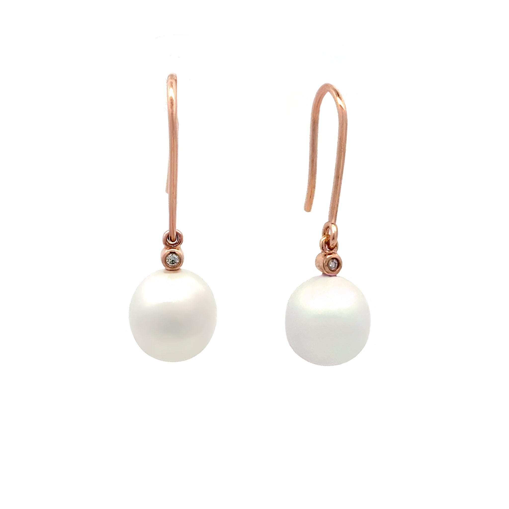 9K Rose Gold Australian South Sea 9-10 mm Cultured Pearl and Diamond Hook Earrings side view