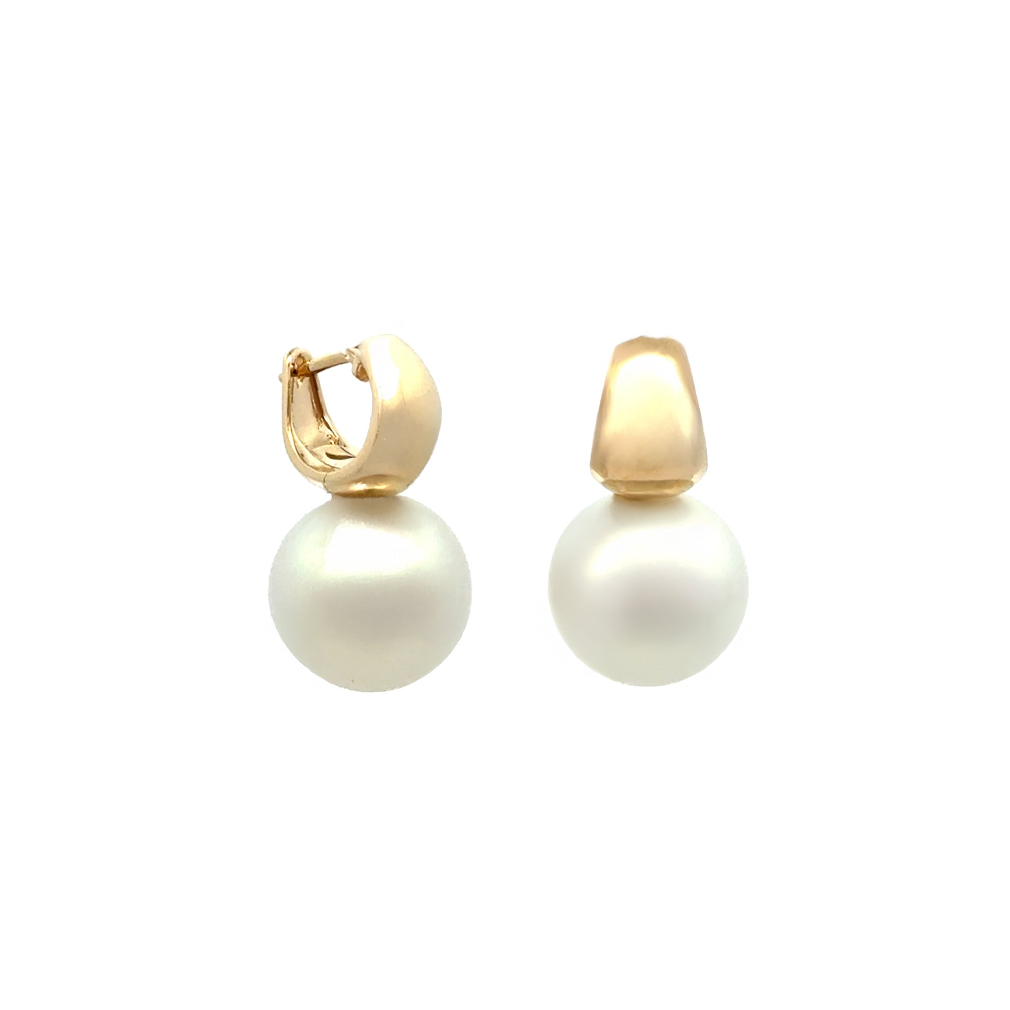 9K Yellow Gold Australian South Sea Cultured 13-14 mm Pearl Huggie Earrings side view on white background