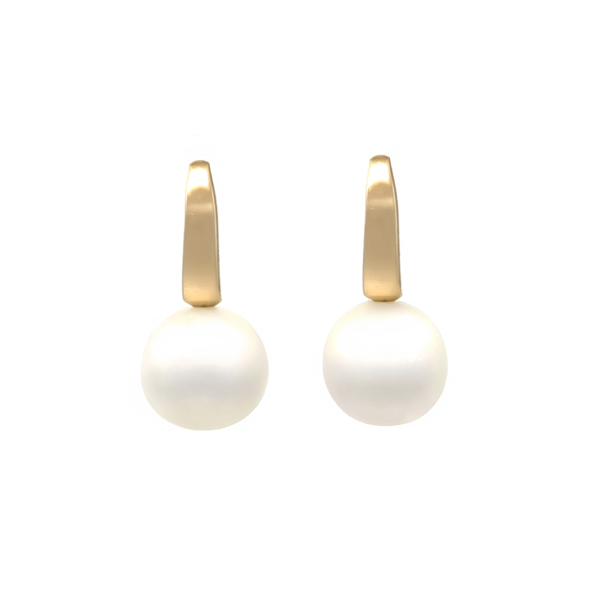 9K Yellow Gold Australian South Sea 12-13 mm Cultured Pearl Huggie Earrings front view on white background