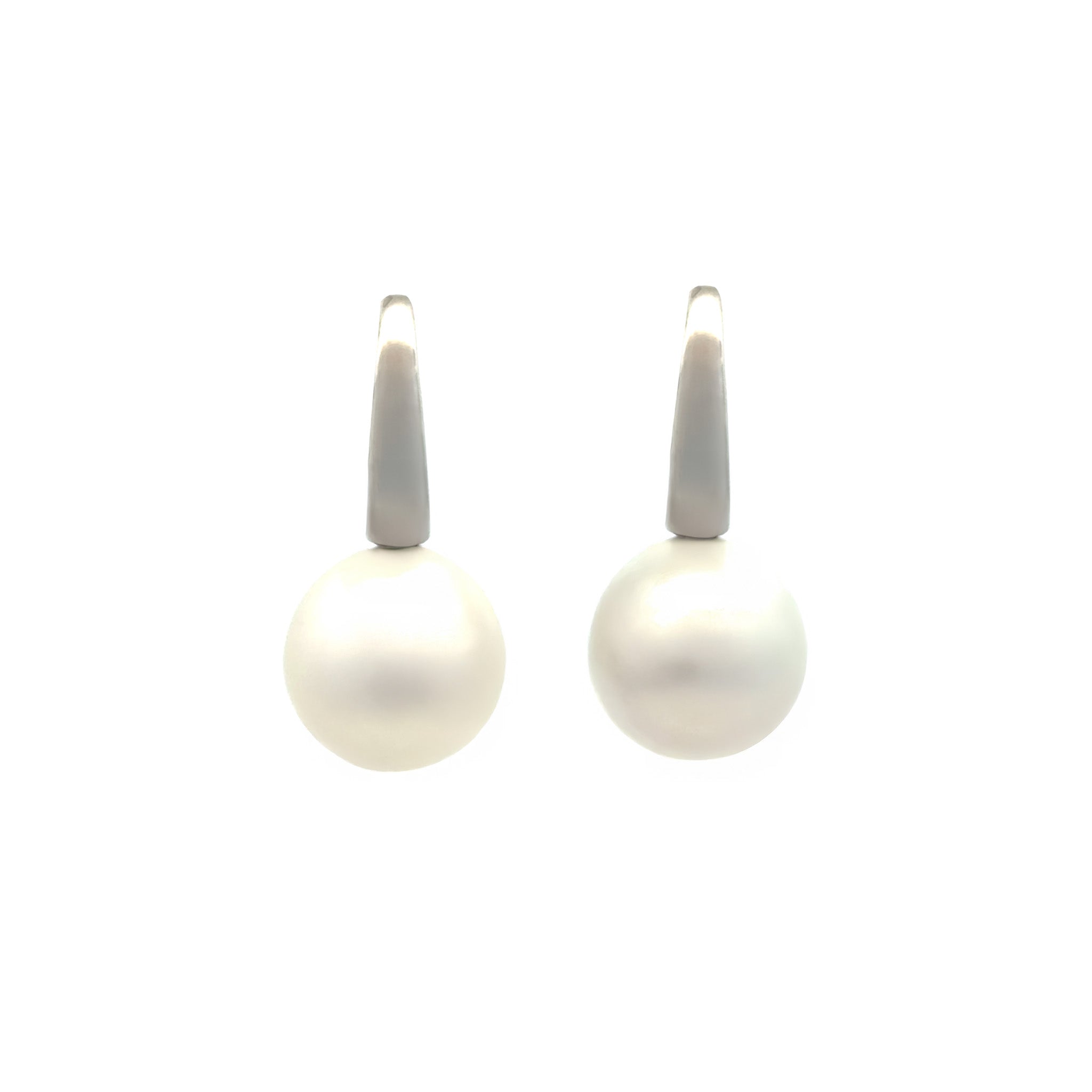 9K White Gold Australian South Sea 12-13mm Cultured Pearl Huggie Earrings front view on white background