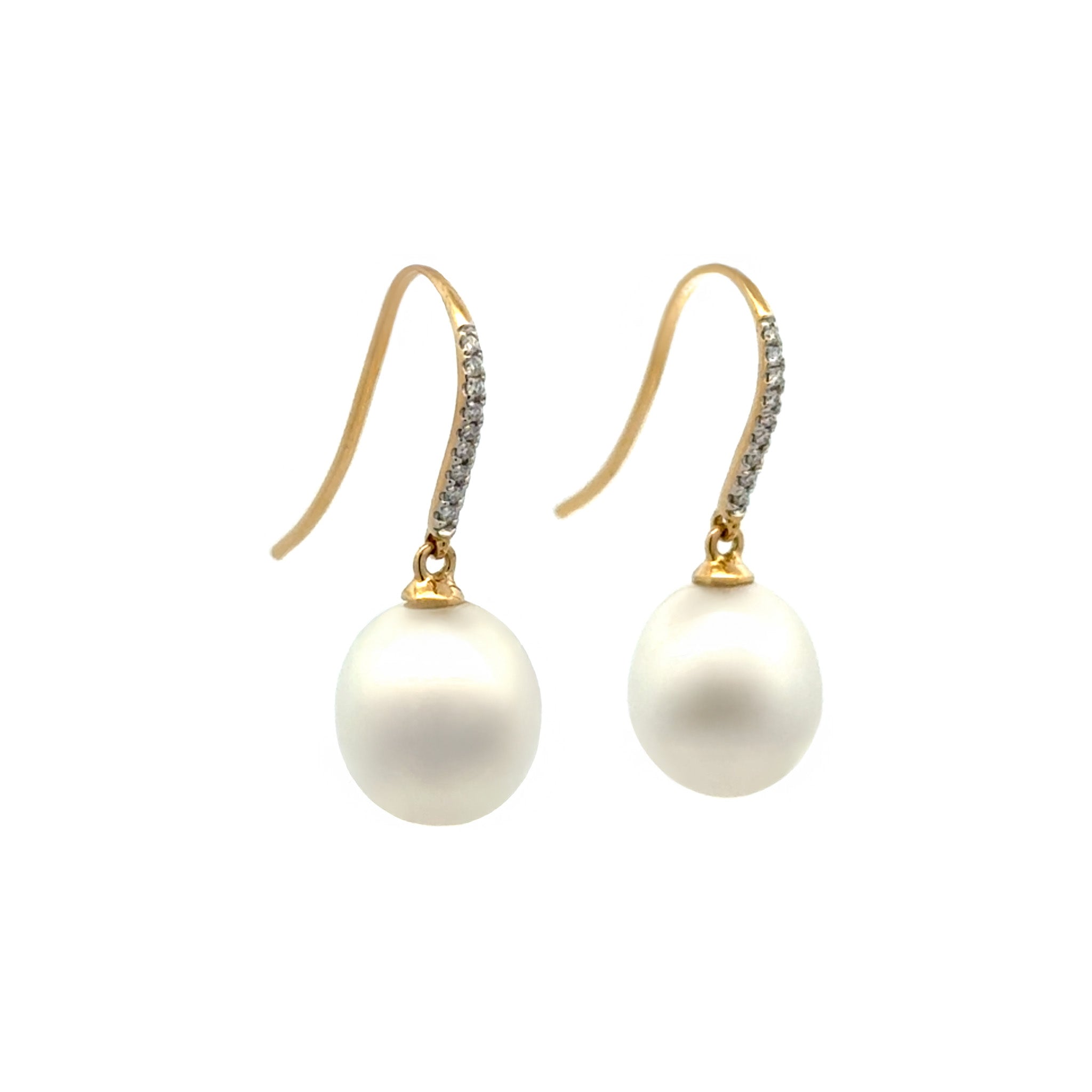 18K Yellow Gold Australian South Sea 10-11 mm Cultured Pearl and Diamond Hook Earrings side view with a white background