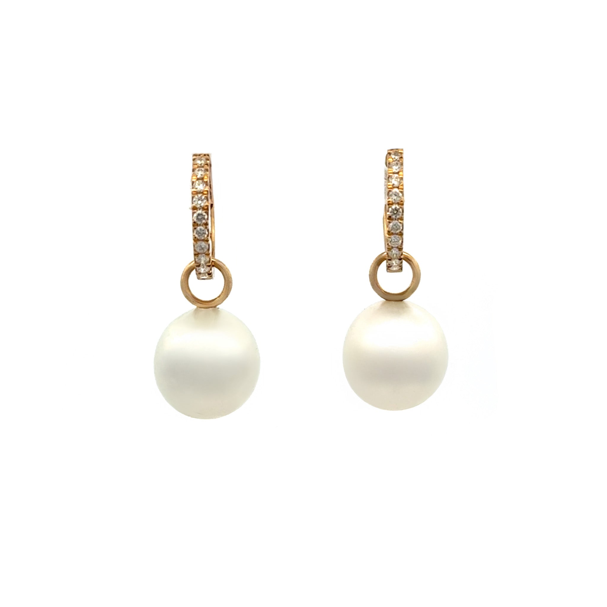 18K Yellow Gold Australian South Sea 9-10 mm Cultured Pearl and Diamond Huggie Earrings front view