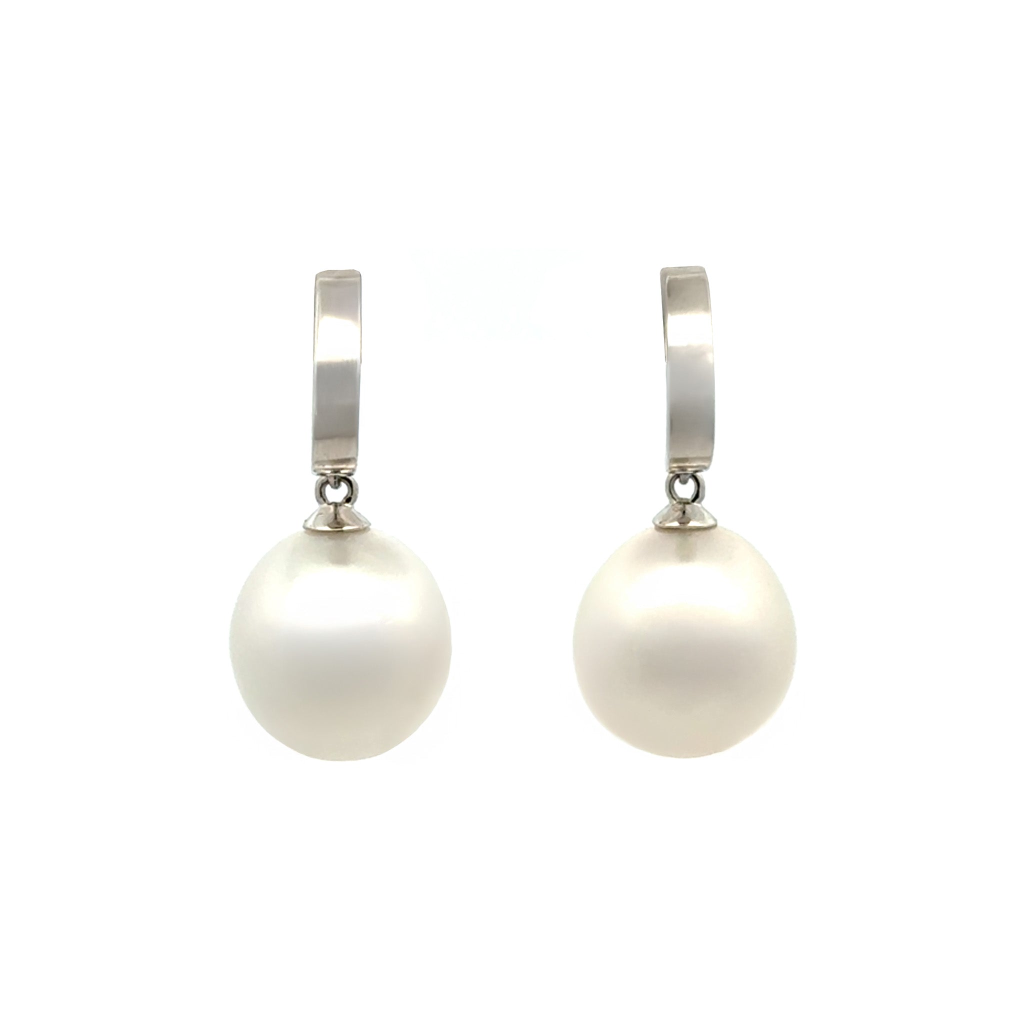 18K White Gold Australian South Sea 11-12 mm Cultured Pearl Drop Earrings front view with a white background
