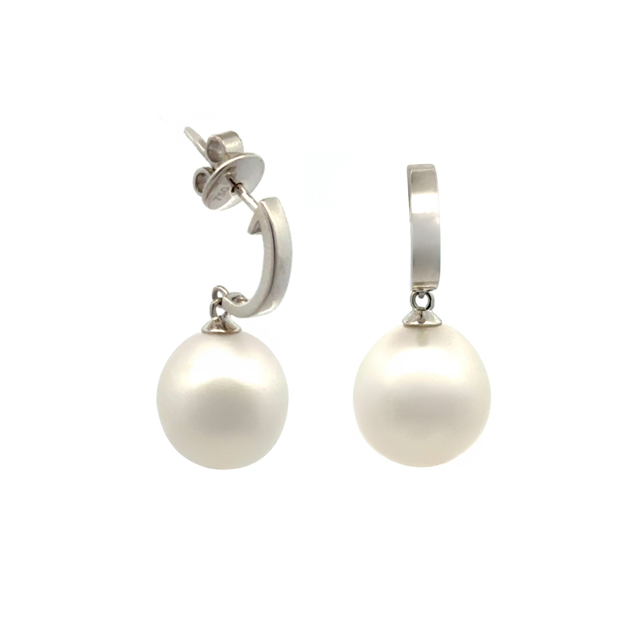 18K White Gold Australian South Sea 11-12 mm Cultured Pearl Drop Earrings side view with a white background