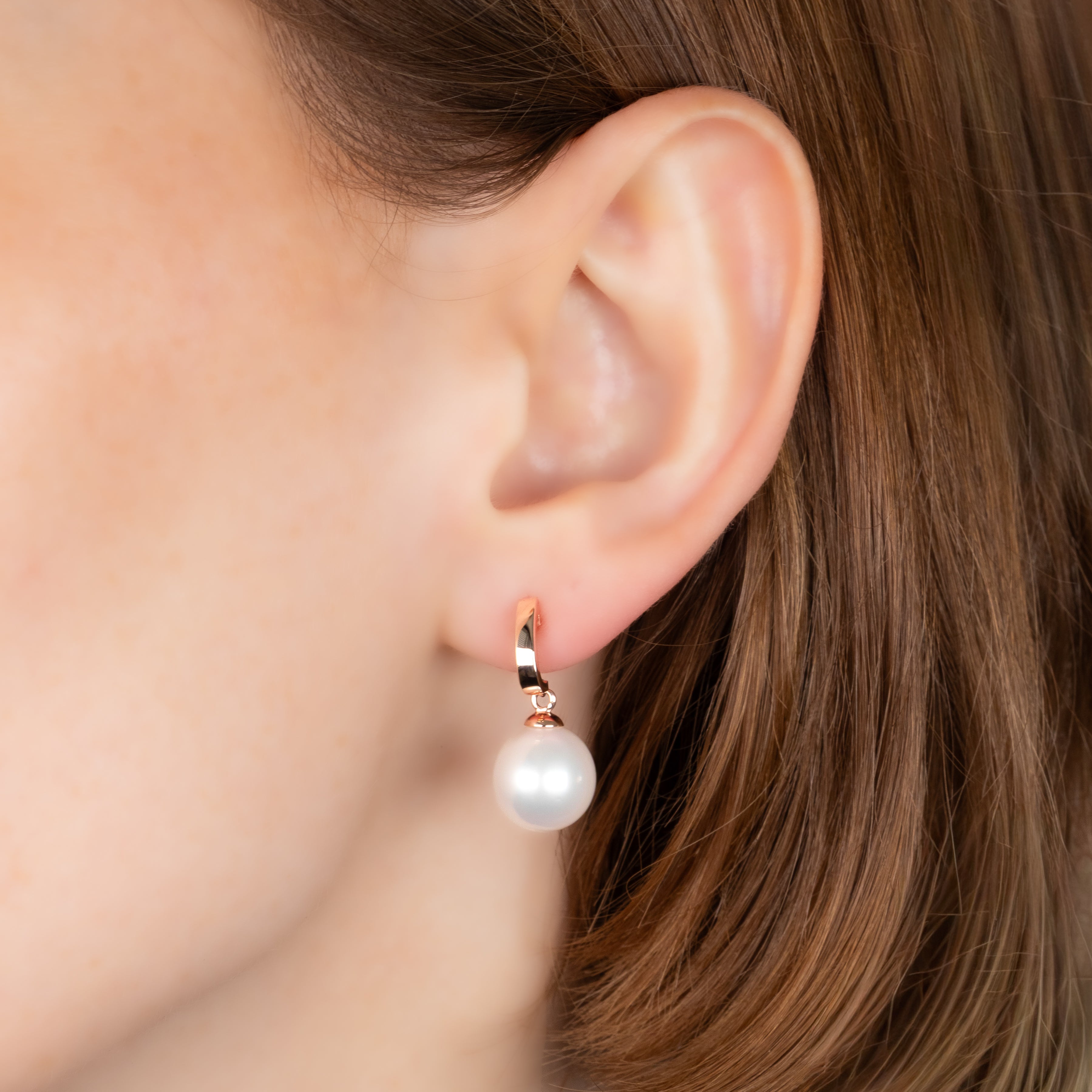 18K Rose Gold Australian South Sea 11-12 mm Cultured Pearl Drop Earrings on a model