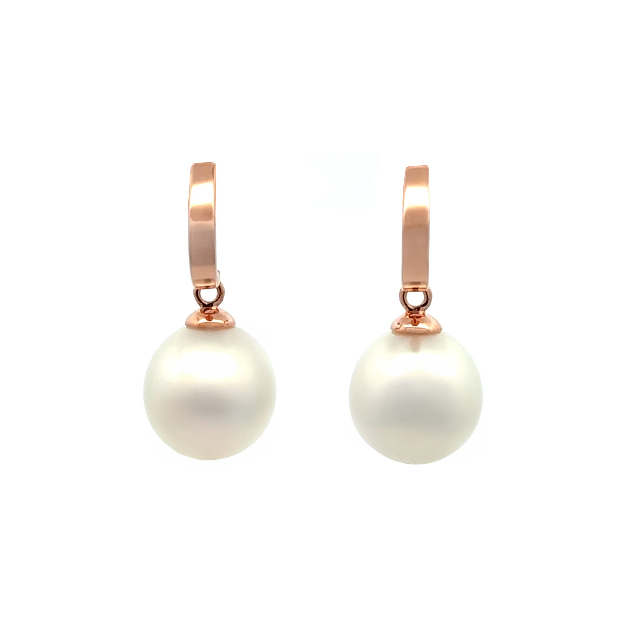 18K Rose Gold Australian South Sea 11-12 mm Cultured Pearl Drop Earrings front view on a white background