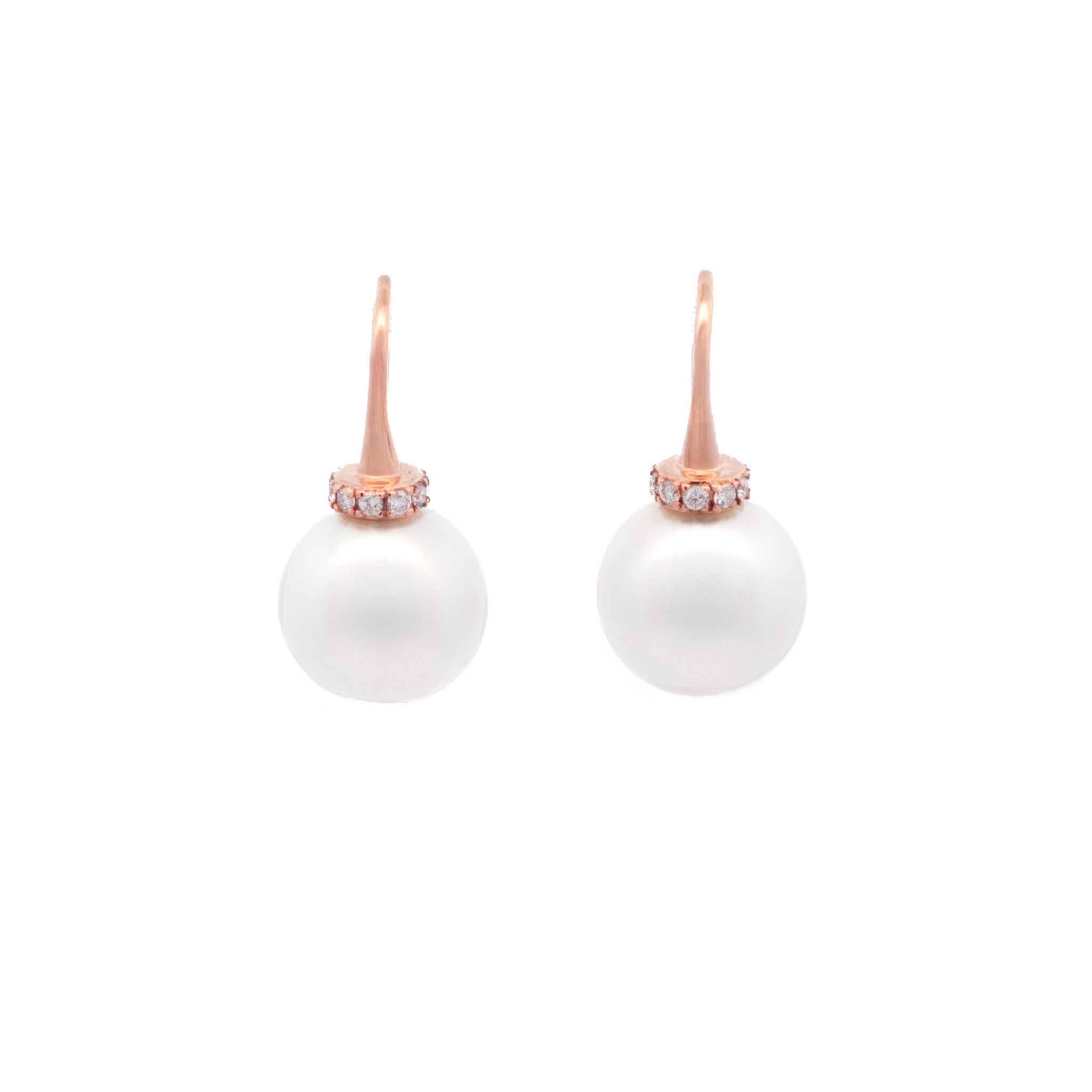 18K Rose Gold Australian South Sea 11-12 mm Cultured Pearl and Diamond Hook Earrings front view