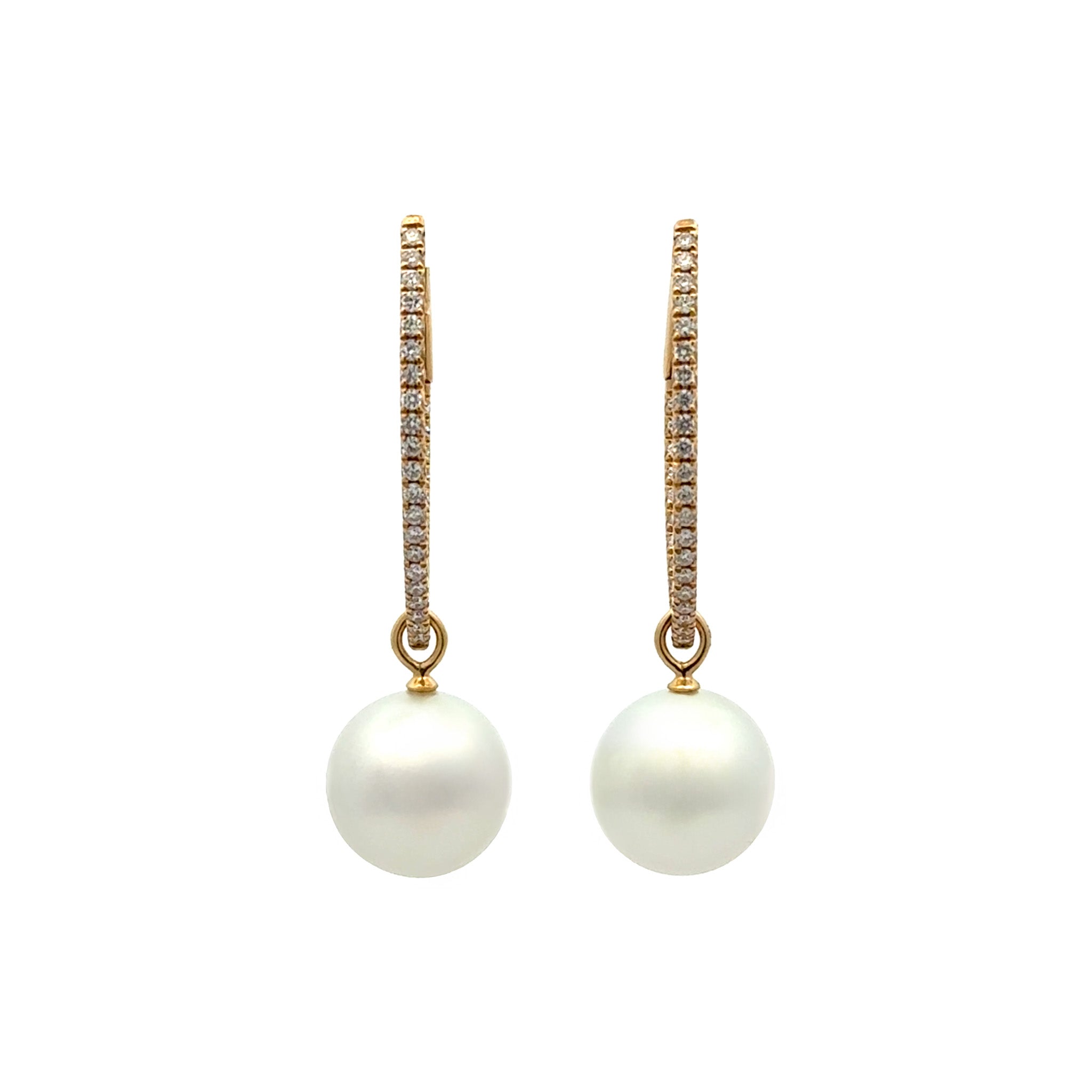 18K Yellow Gold Australian South Sea 12-13 mm Cultured Pearl and Diamond Drop Earrings front view