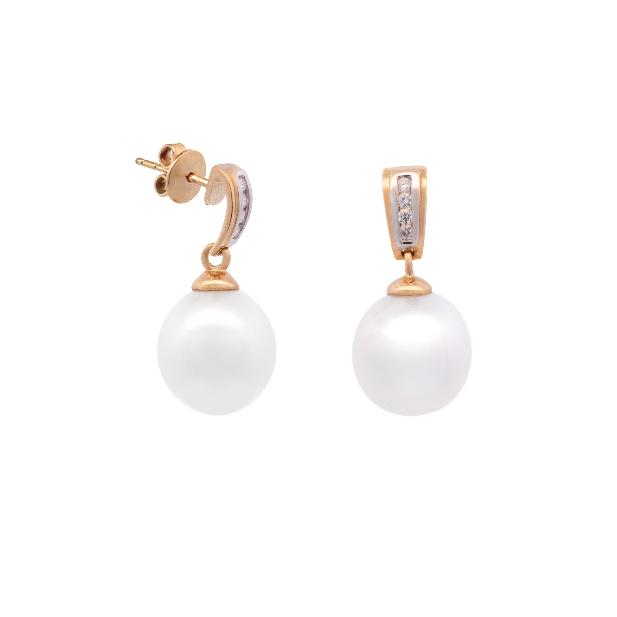 18K Yellow Gold Australian South Sea 10-11 mm Cultured Pearl and Diamond Drop Earrings side view