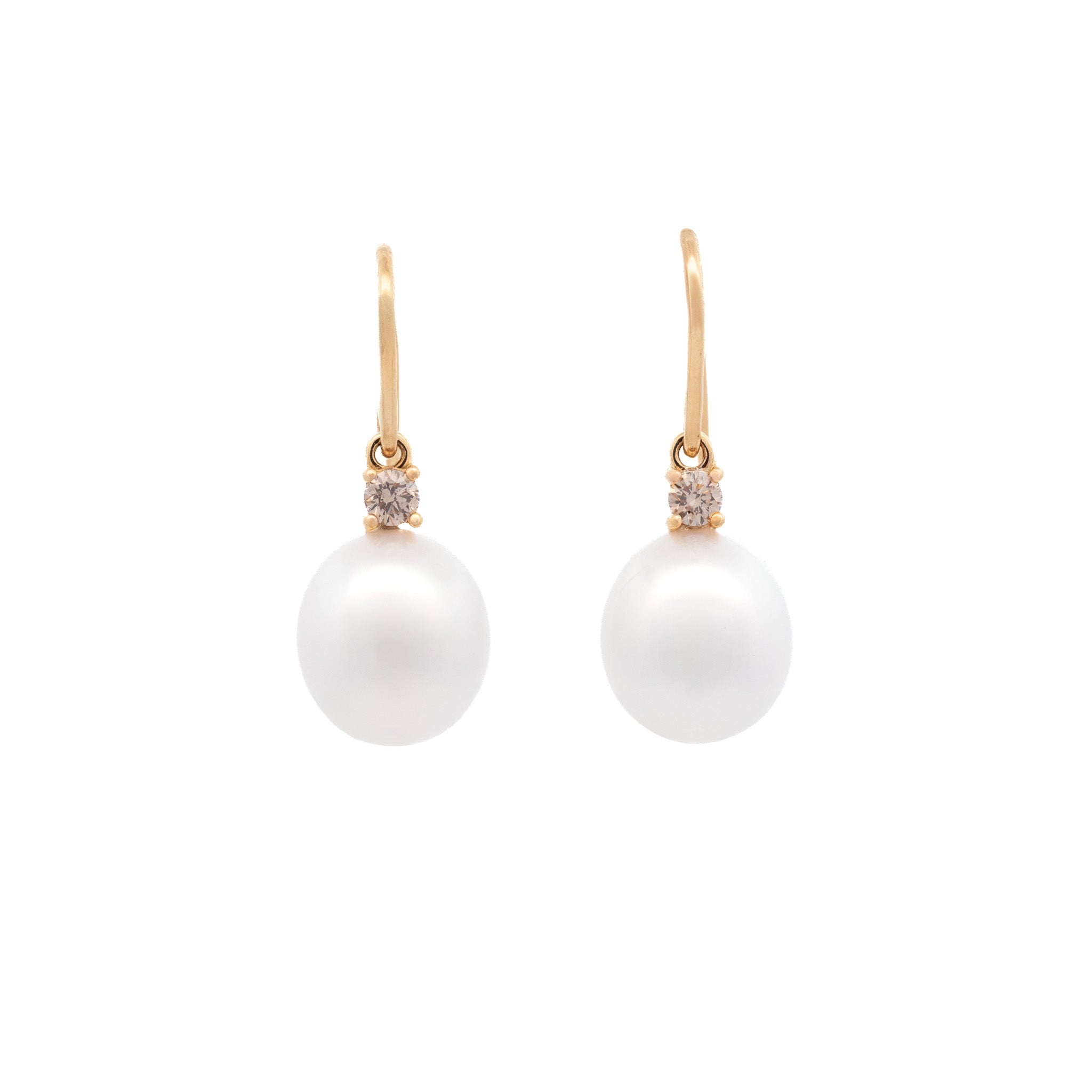 9K Yellow Gold Australian South Sea Cultured 10-11 mm Pearl and Diamond Hook Earrings front view