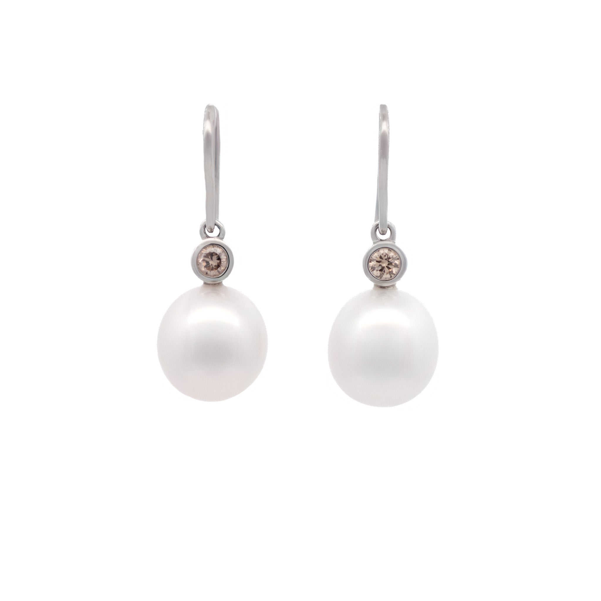 9K White Gold Australian South Sea Cultured 11-12 mm Pearl and Diamond Hook Earrings front view