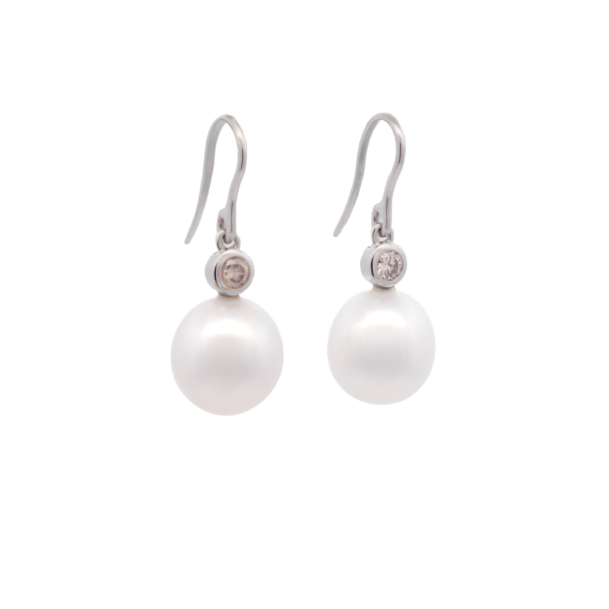 9K White Gold Australian South Sea Cultured 11-12 mm Pearl and Diamond Hook Earrings side view
