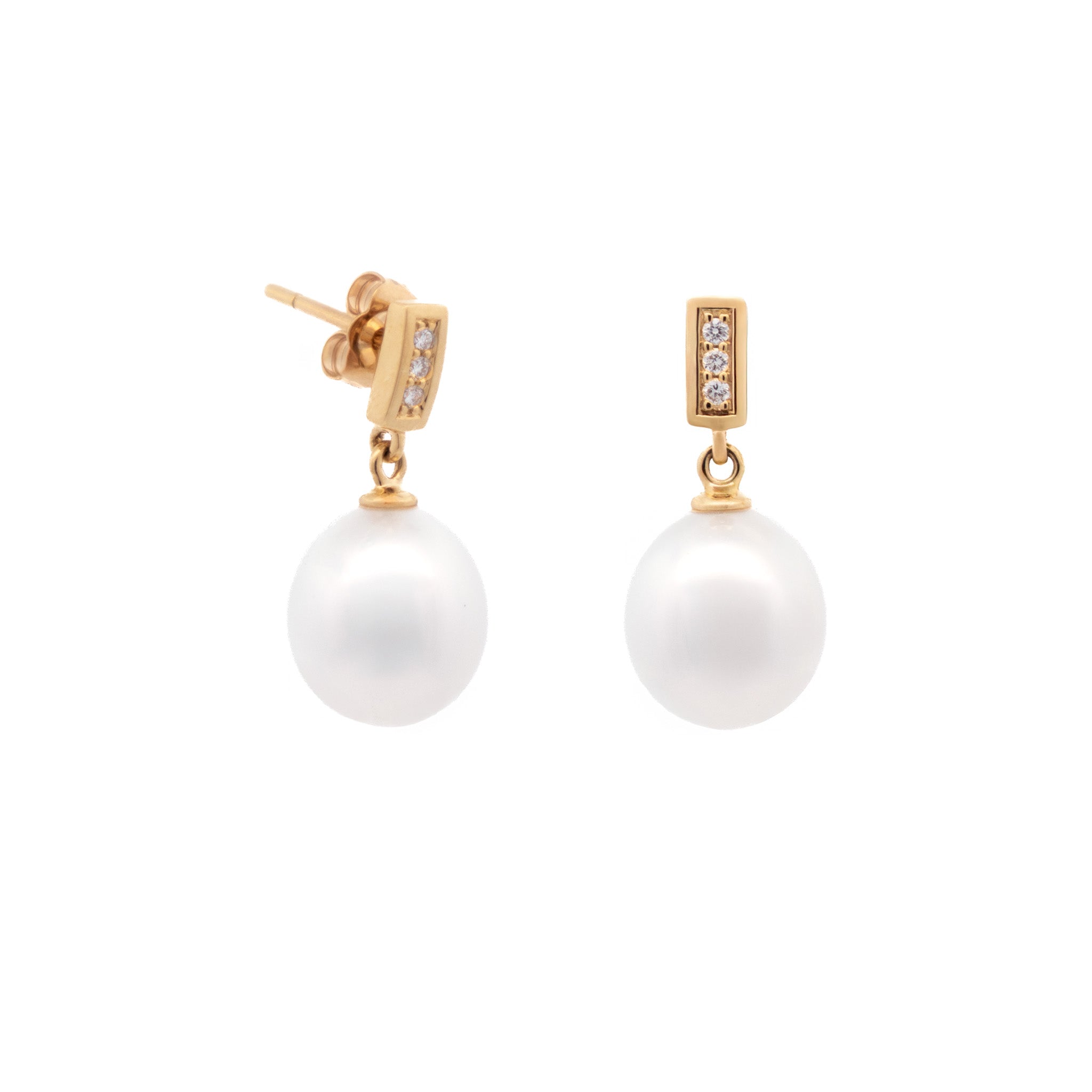 9K Yellow Gold Australian South Sea 9-10 mm Cultured Pearl and Diamond Drop Earrings