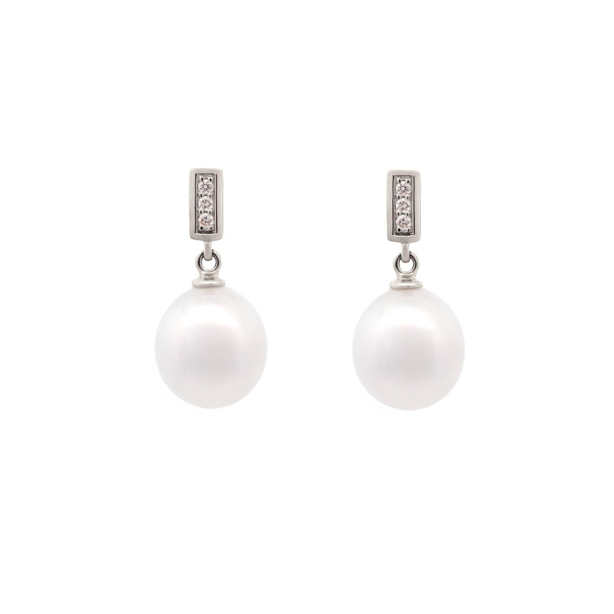 9K White Gold Australian South Sea 9-10 mm Cultured Pearl and Diamond Drop Earrings front view