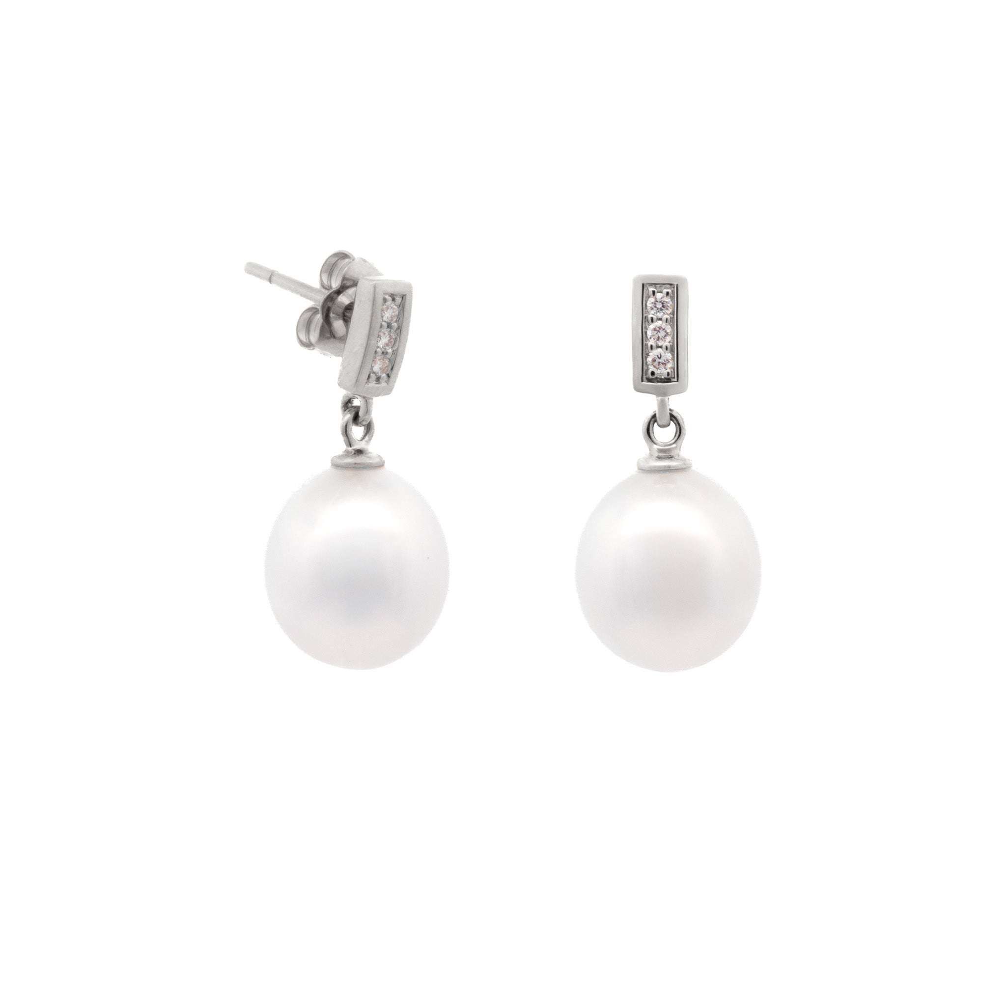 9K White Gold Australian South Sea 9-10 mm Cultured Pearl and Diamond Drop Earrings side view