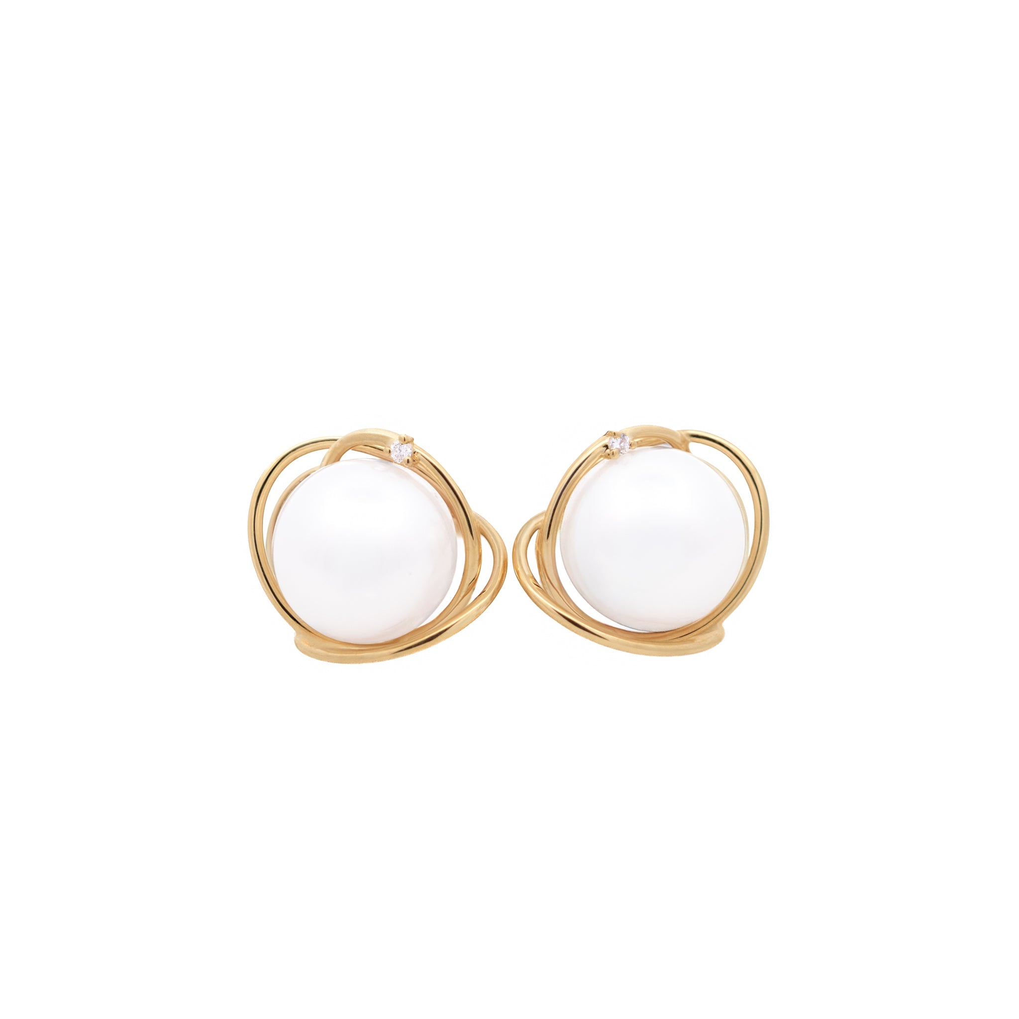 9K Yellow Gold Australian South Sea 9-10 mm Cultured Pearl and Diamond Stud Earrings front view