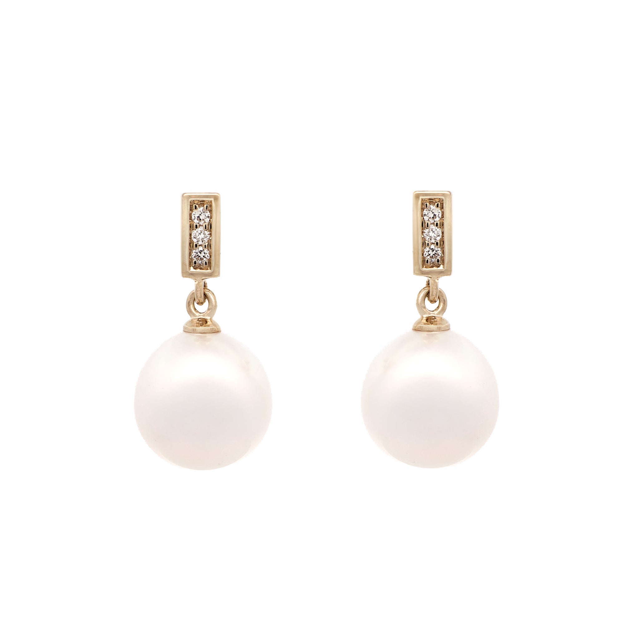 9K Yellow Gold Australian South Sea 10-11mm Cultured Pearl and Diamond Drop Earrings front view