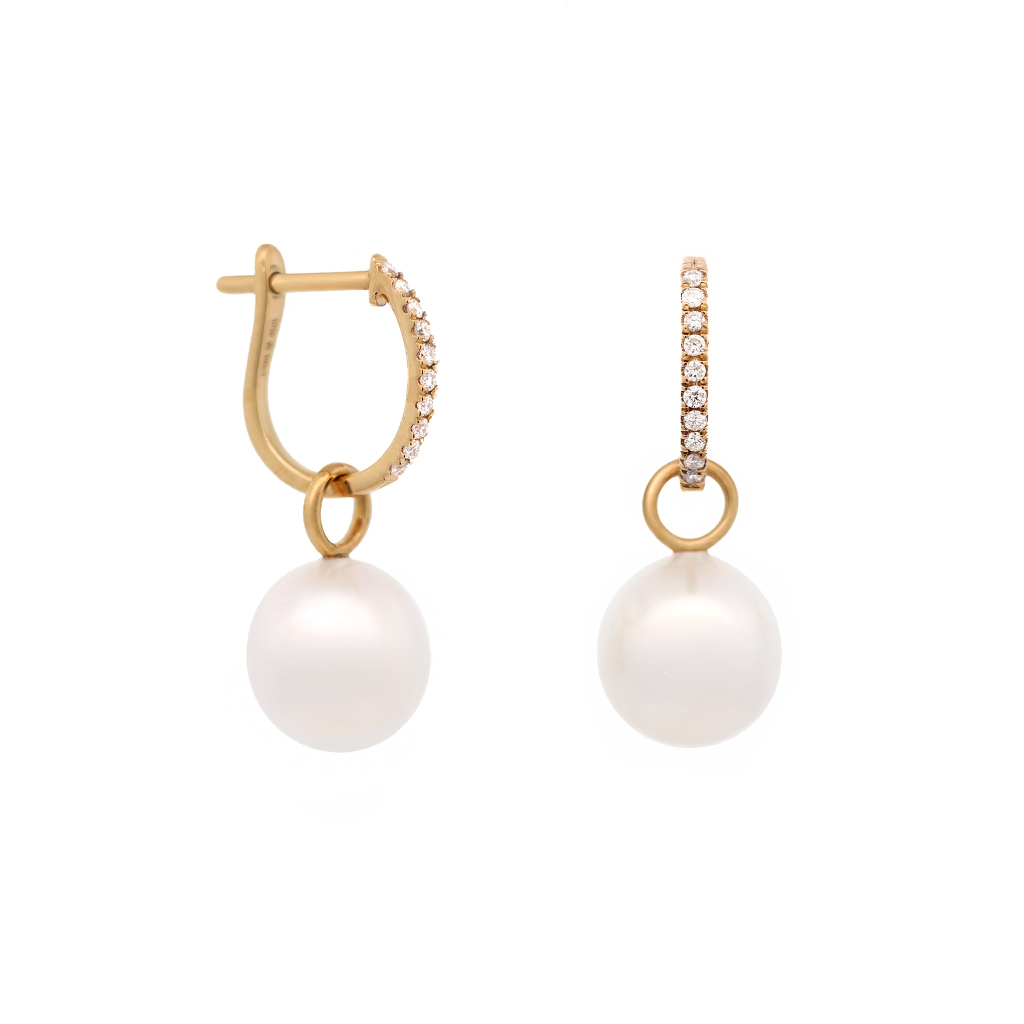 18K Yellow Gold Australian South Sea 8-9mm Cultured Pearl and Diamond Huggie Earrings side view