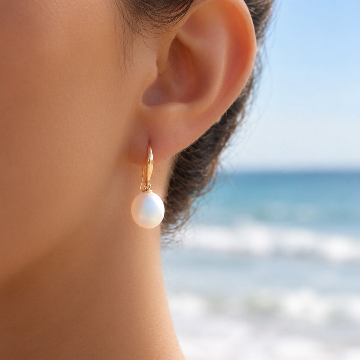 18K Yellow Gold Australian South Sea 9-10 mm Pearl Hook Earrings on model