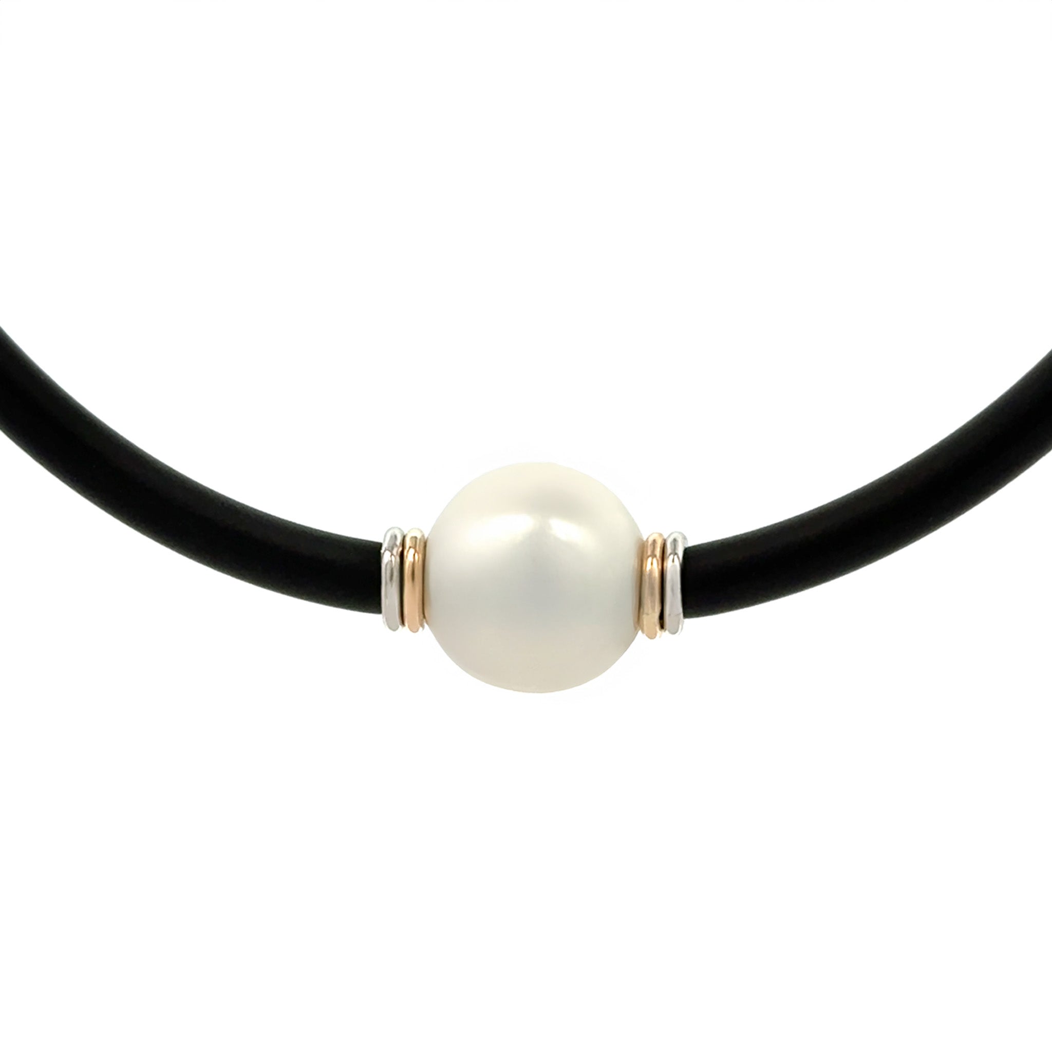 Sterling Silver & 9K Yellow Gold Australian South Sea 13-14 mm Cultured Pearl Neoprene Necklace front view with white background