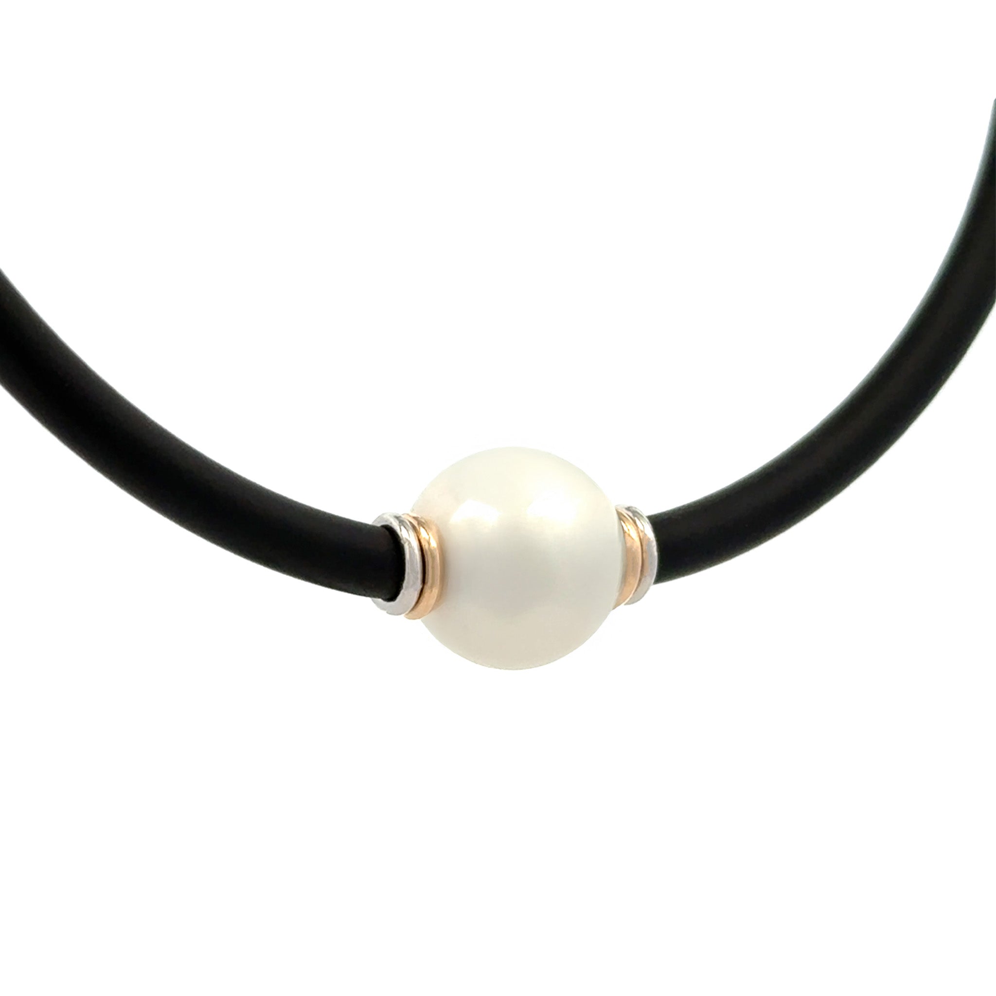 Sterling Silver & 9K Yellow Gold Australian South Sea 13-14 mm Cultured Pearl Neoprene Necklace side view with white background