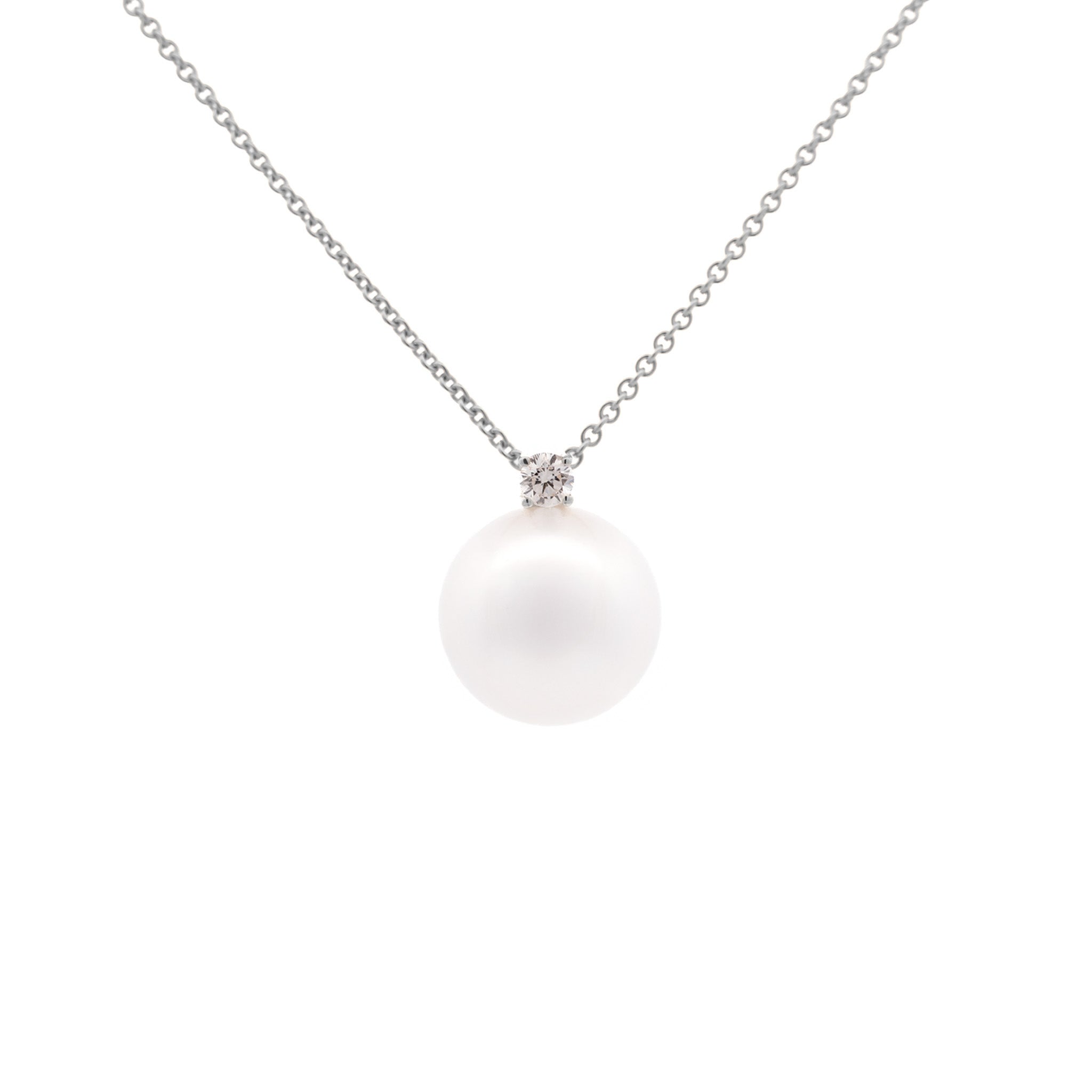 9K White Gold Australian South Sea 11-12 mm Cultured Pearl and Diamond Necklace front view